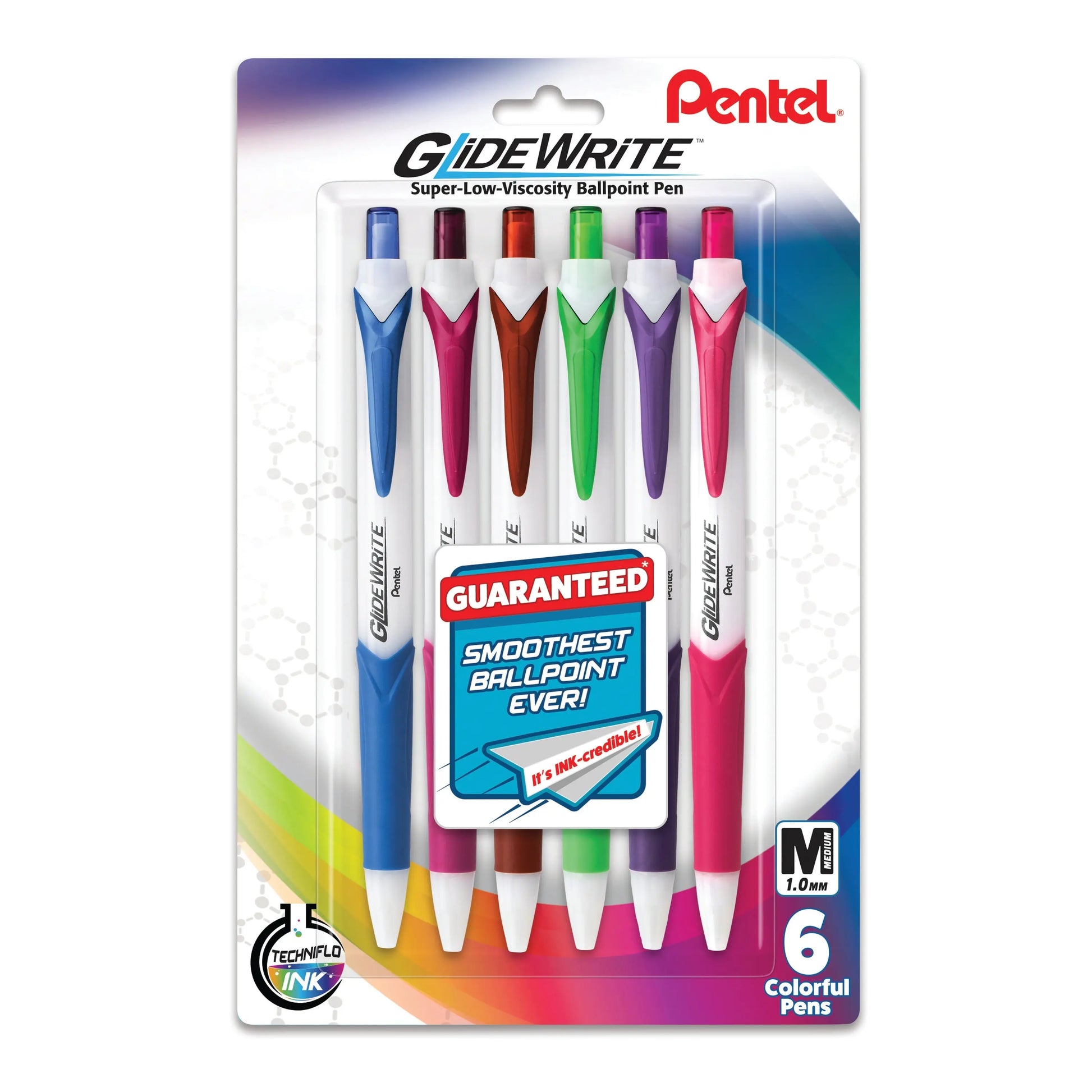 Pentel GlideWrite Ballpoint Pen with TechniFlo Ink, (1.0mm) Medium Line, Assorted Ink, Pack of 6 (BX910BP6M) - Pentel of America, Ltd.