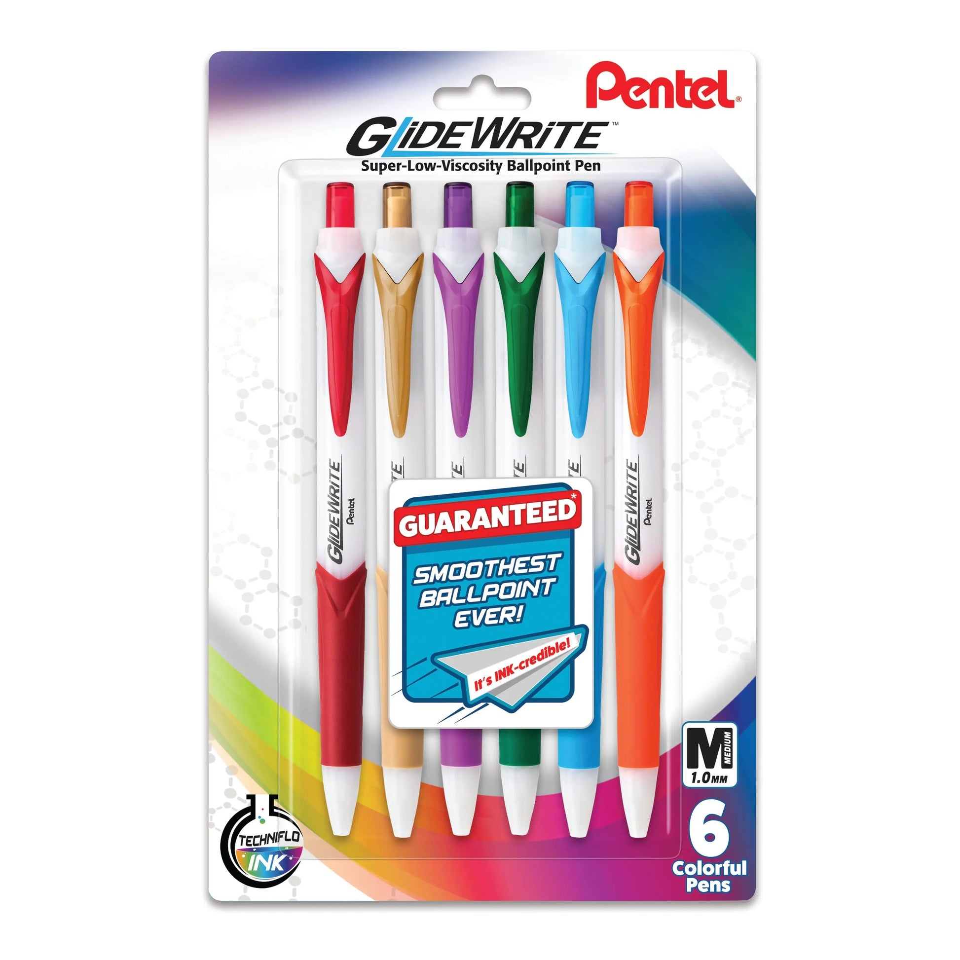 Pentel GlideWrite Ballpoint Pen with TechniFlo Ink, (1.0mm) Medium Line, Assorted Ink, Pack of 6 (BX910BP6M) - Pentel of America, Ltd.