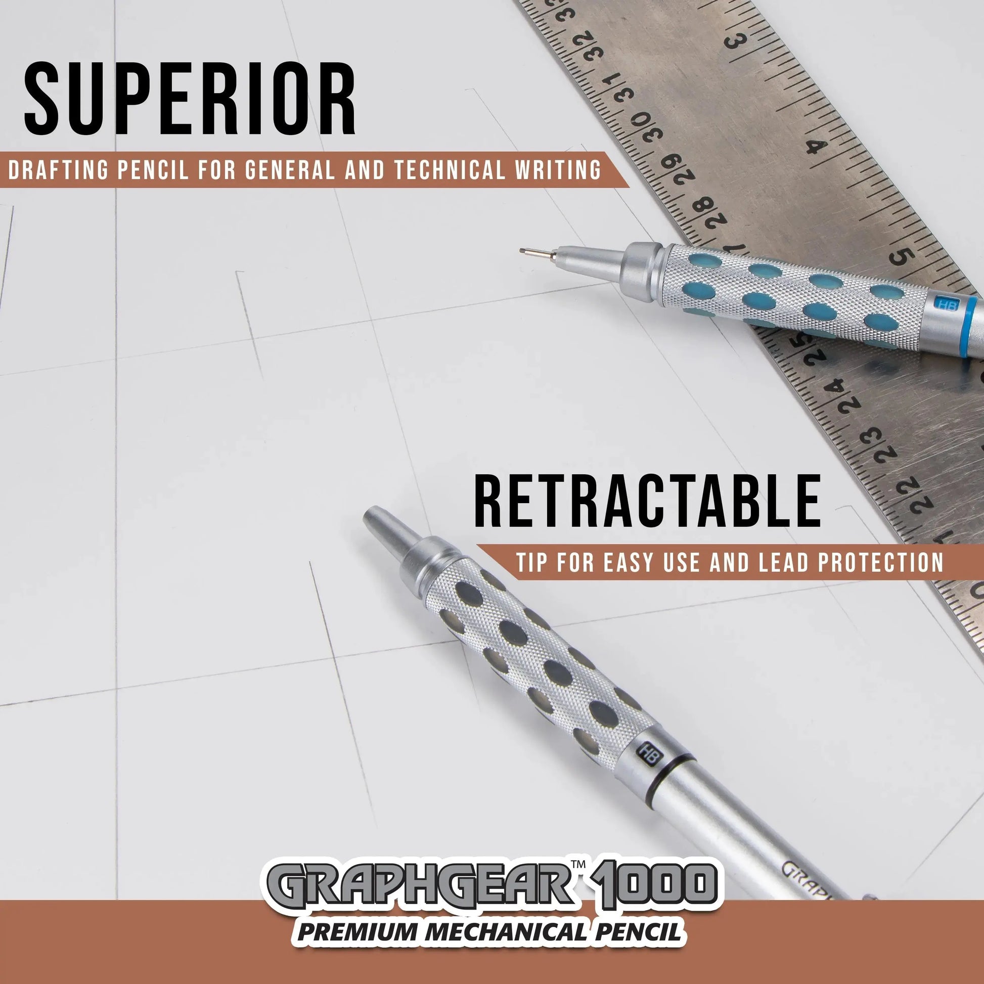 Two silver mechanical pencils with dotted grips, one showing a retractable tip next to a metal ruler on a white drafting grid, highlighting precision and durability.