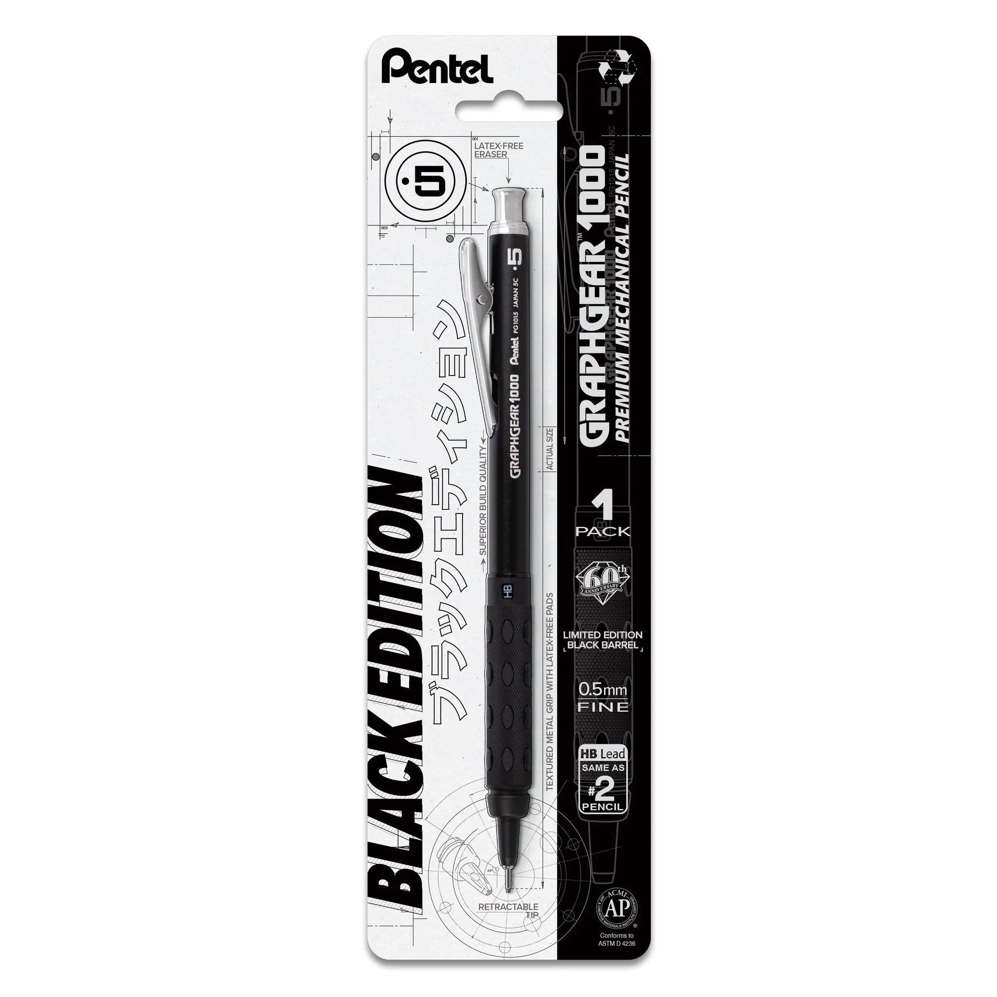 Pentel GraphGear 1000, Limited Black Edition, Drafting Mechanical Pencil (0.5mm), 1 - Pk - Pentel of America, Ltd.