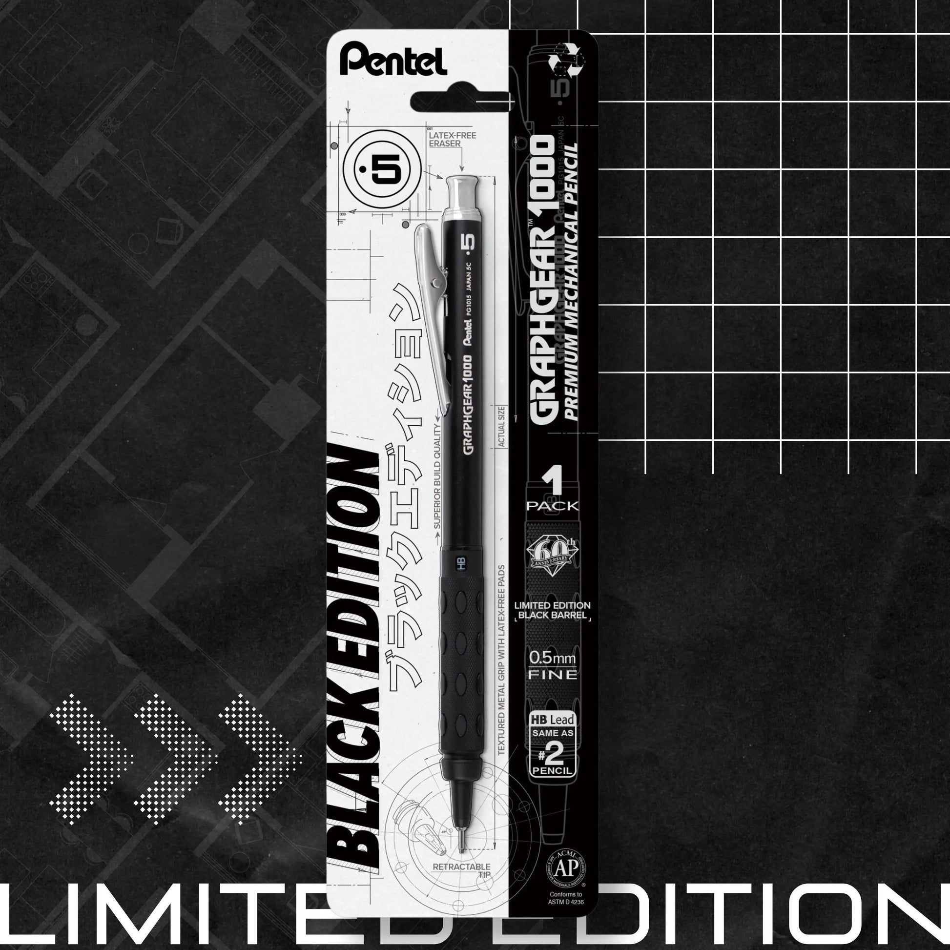Pentel GraphGear 1000, Limited Black Edition, Drafting Mechanical Pencil (0.5mm), 1 - Pk - Pentel of America, Ltd.