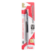 Black and silver mechanical pencil with 0.5mm lead, featuring a metallic textured grip and automatic drafting design, ideal for precision drawing and art supplies.