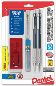 Two blue-barrel mechanical pencils with metal grips, a block eraser in a red holder, a refill eraser tube, and a container of 0.7mm leads arranged on a white and red retail package.