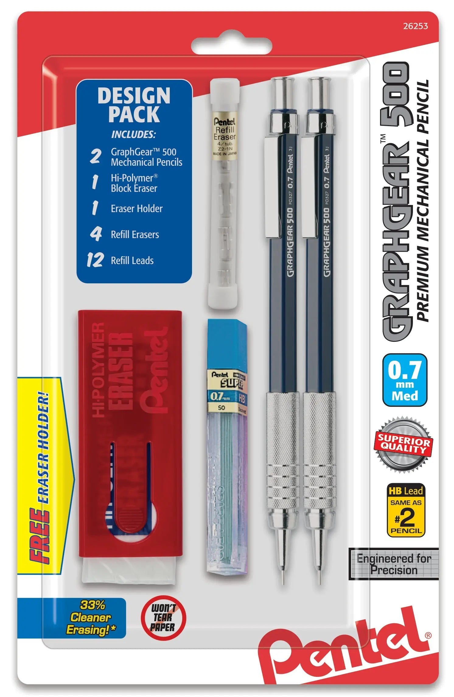 Two blue-barrel mechanical pencils with metal grips, a block eraser in a red holder, a refill eraser tube, and a container of 0.7mm leads arranged on a white and red retail package.