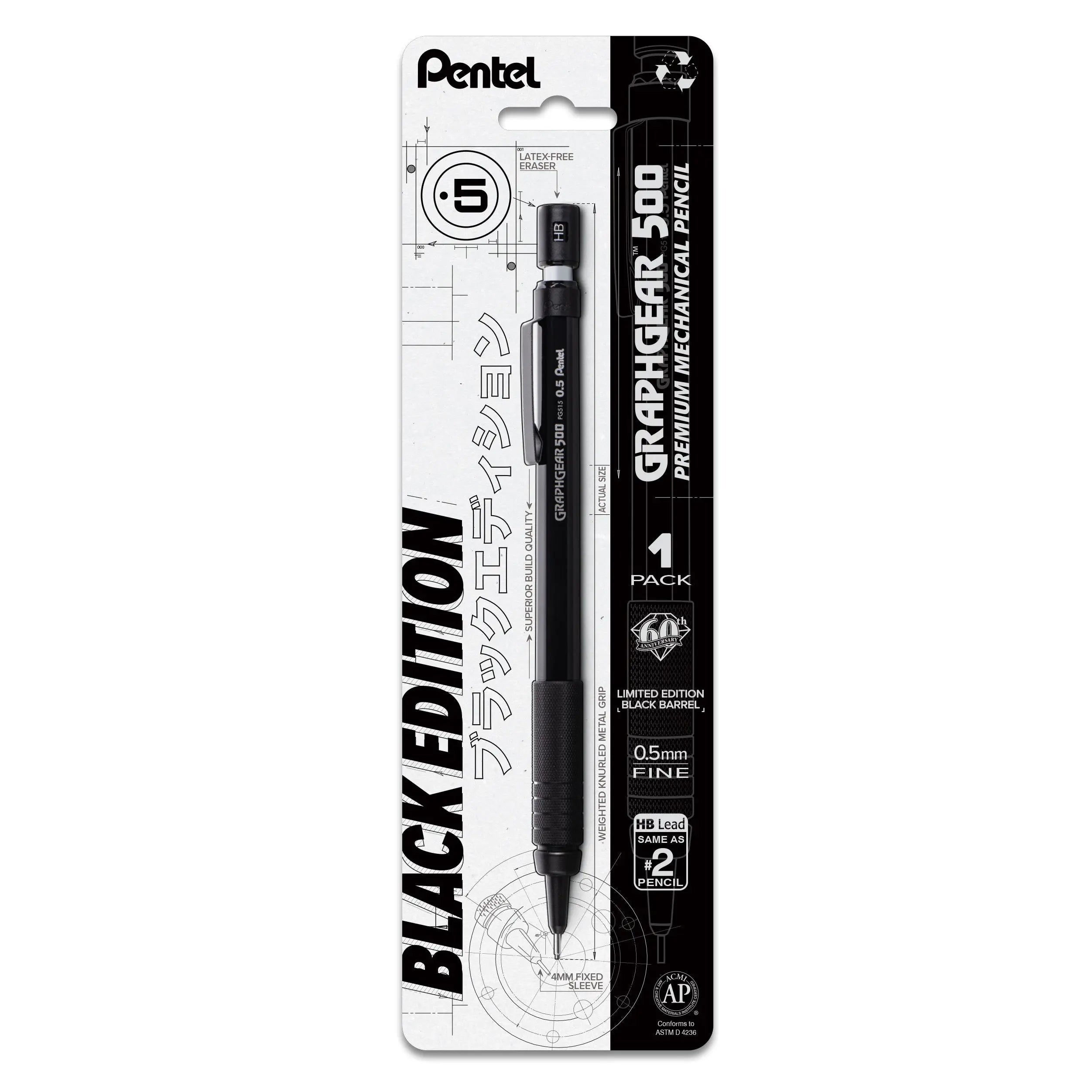 Pentel GraphGear 500, Limited Black Edition, Drafting Pencil (0.5mm), 1 - Pk - Pentel of America, Ltd.