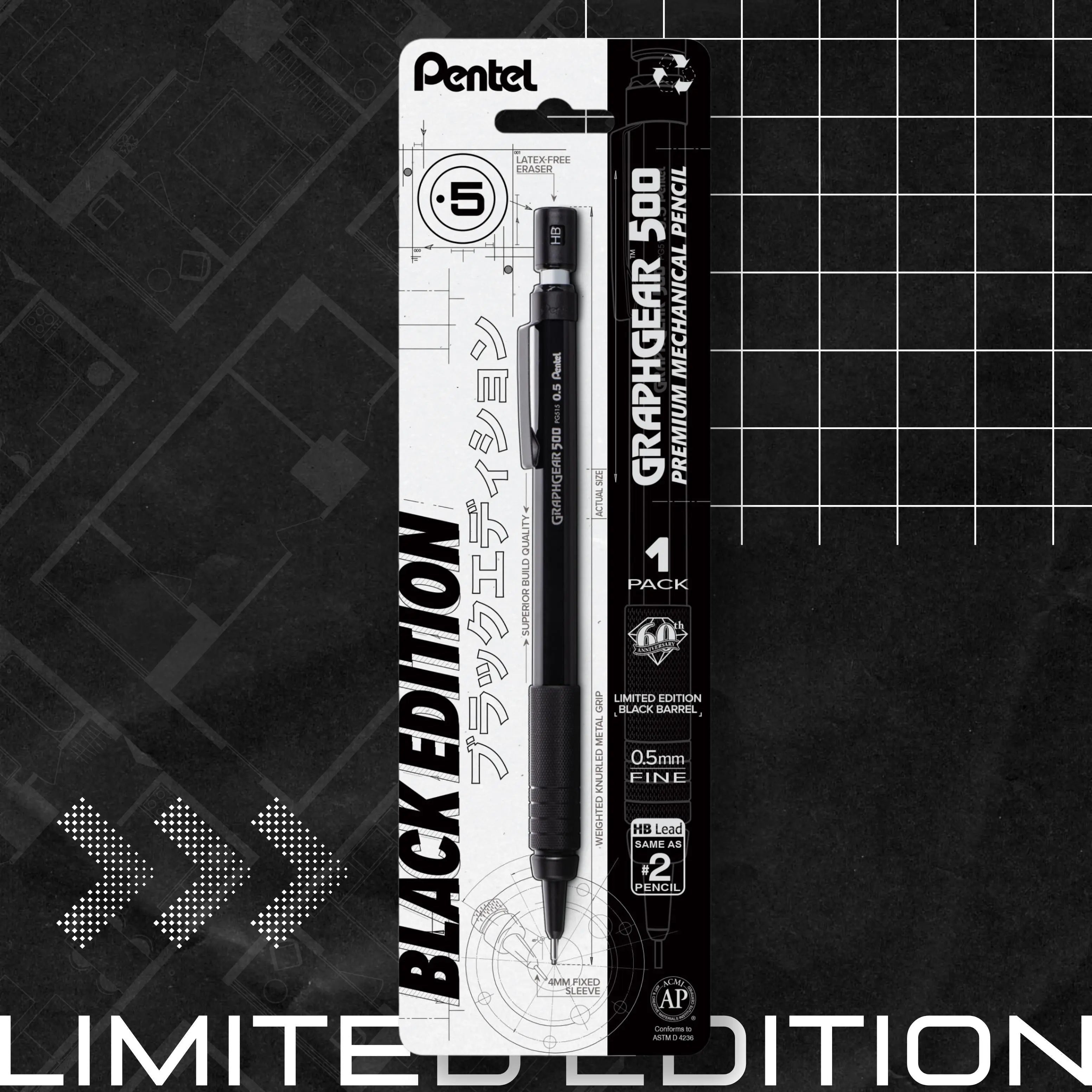Pentel GraphGear 500, Limited Black Edition, Drafting Pencil (0.5mm), 1 - Pk - Pentel of America, Ltd.