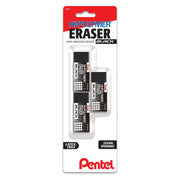 Three black Pentel Hi-Polymer block erasers in a red carded package, labeled non-abrasive and latex-free for clean erasing.