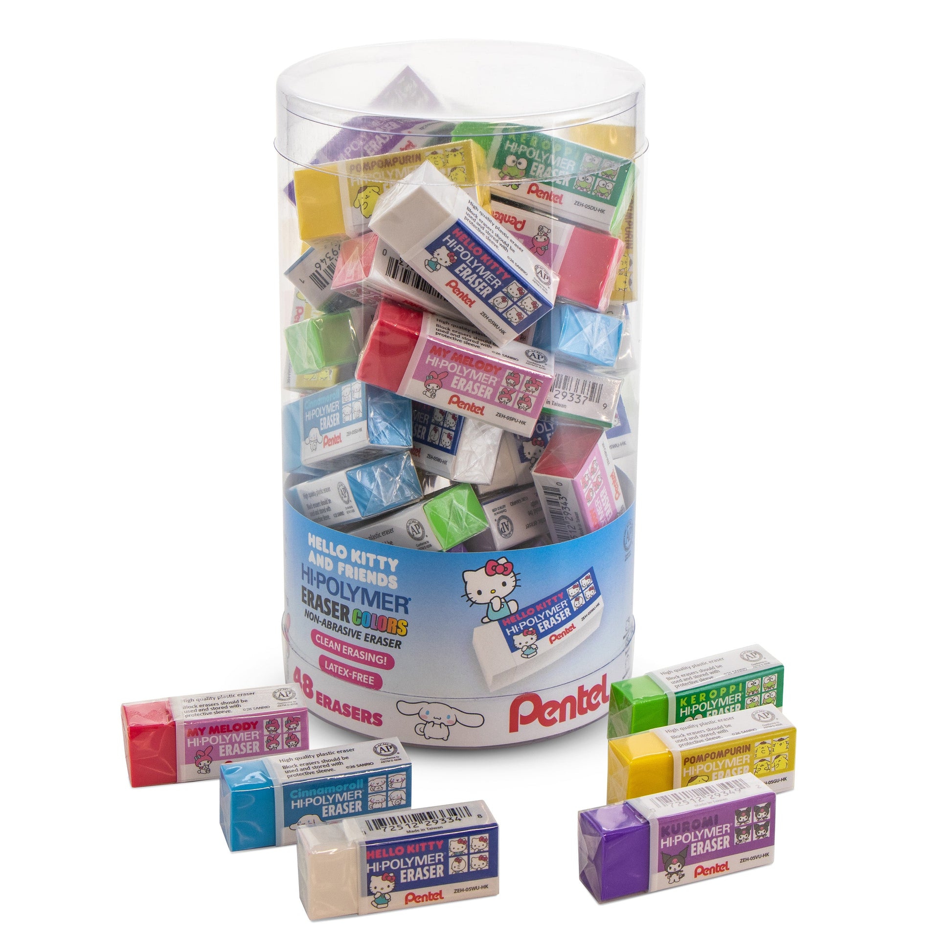 Pentel Hi-Polymer Eraser Colors, Hello Kitty® and Friends, Small Assorted Colors Block Eraser, Canister Display - 48 Pcs - Pentel of America, Ltd.