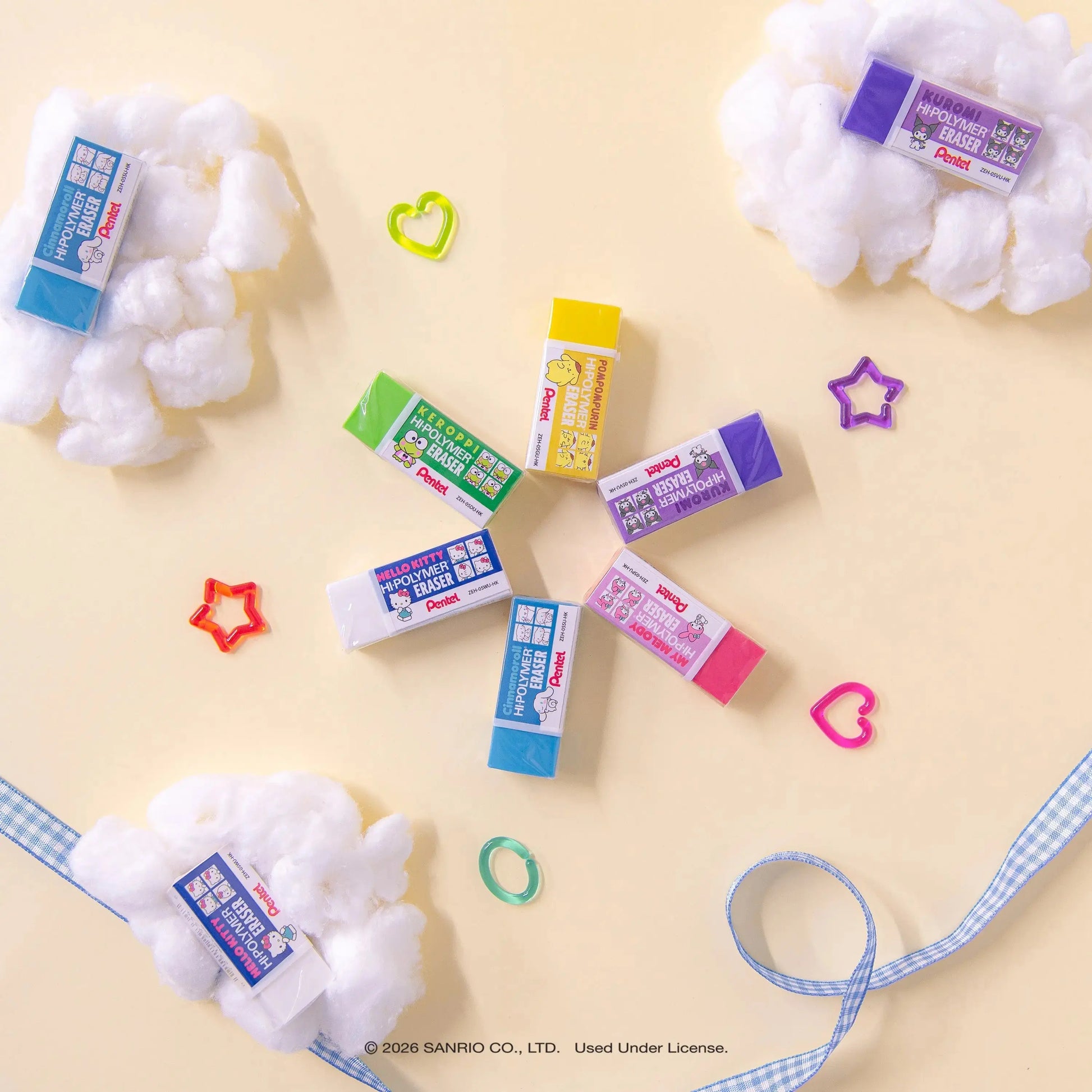 Pentel Hi-Polymer Eraser Colors, Hello Kitty® and Friends, Small Assorted Colors Block Eraser, Canister Display - 48 Pcs - Pentel of America, Ltd.