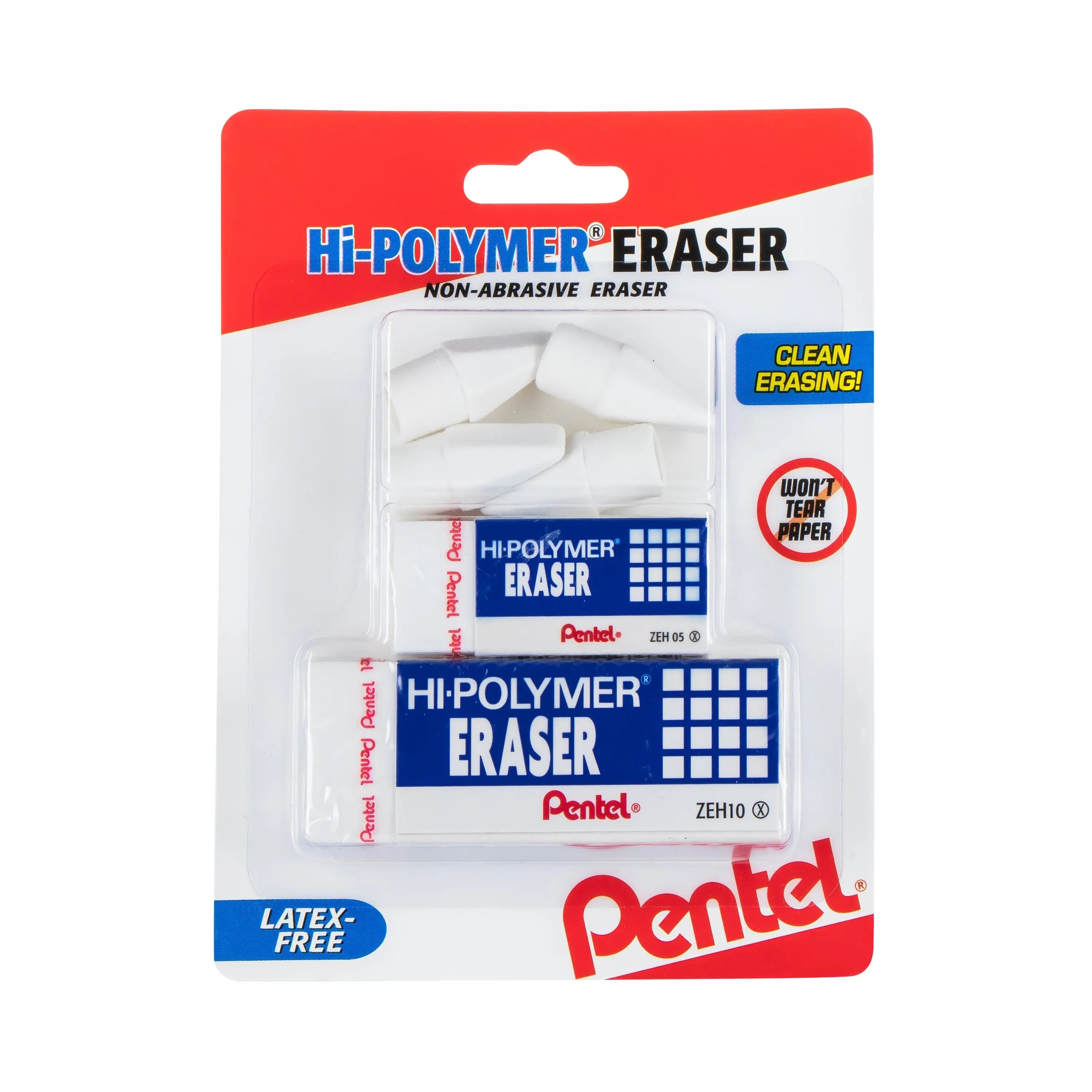 Package of Pentel Hi-Polymer erasers in various sizes, featuring non-abrasive, clean erasing with no tearing of paper, suitable for precise corrections in art supplies.