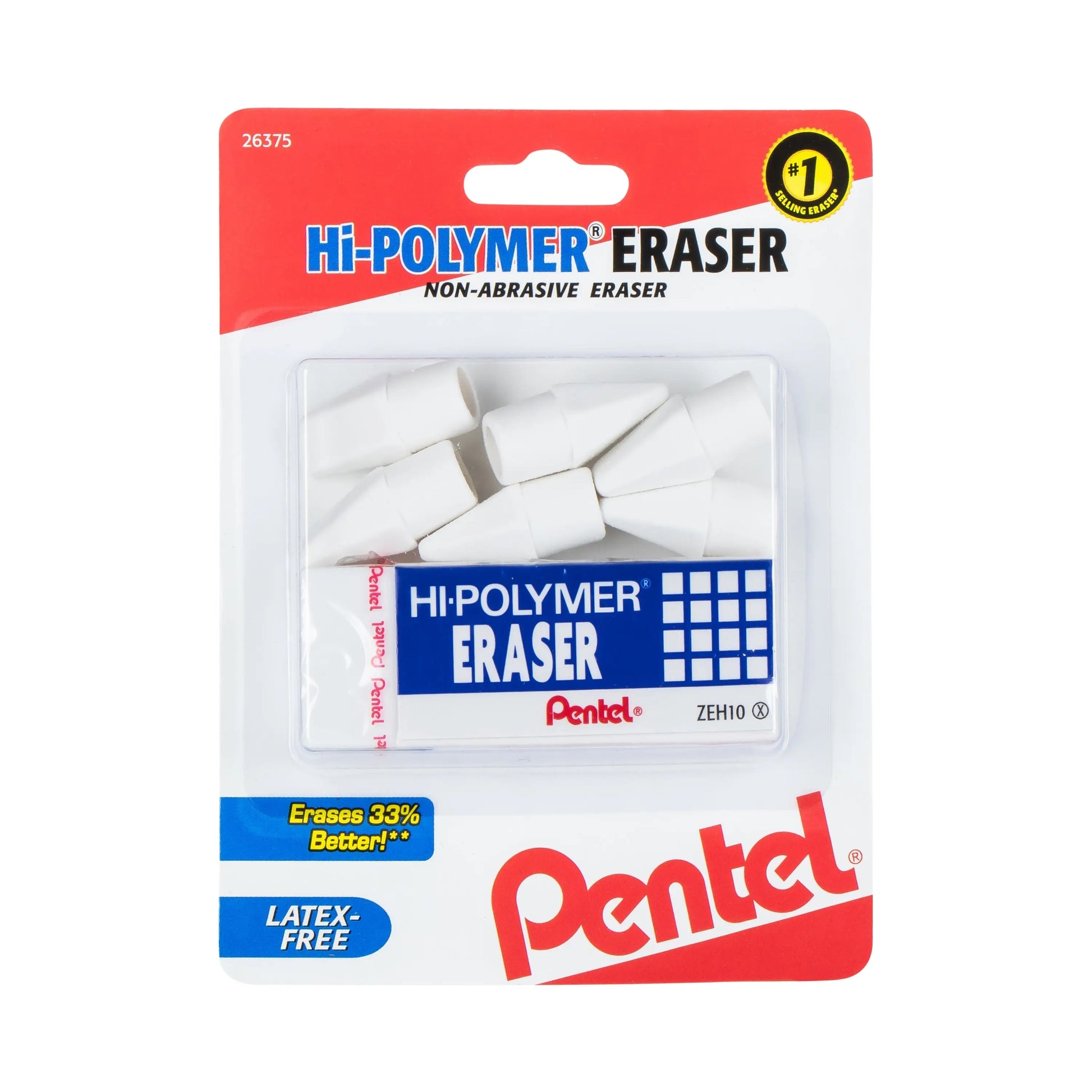 Pack of white Hi-Polymer erasers including one large block and six caps, designed for non-abrasive, precise erasing with premium quality and lasting durability.