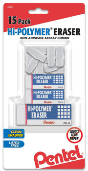 Package of assorted white Pentel Hi-Polymer erasers including small and large sizes with caps, designed for clean, non-abrasive erasing without tearing paper.