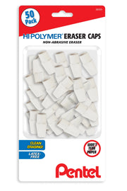Pack of white non-abrasive eraser caps designed for clean erasing, latex-free and gentle on paper, ideal for art supplies and writing tools.