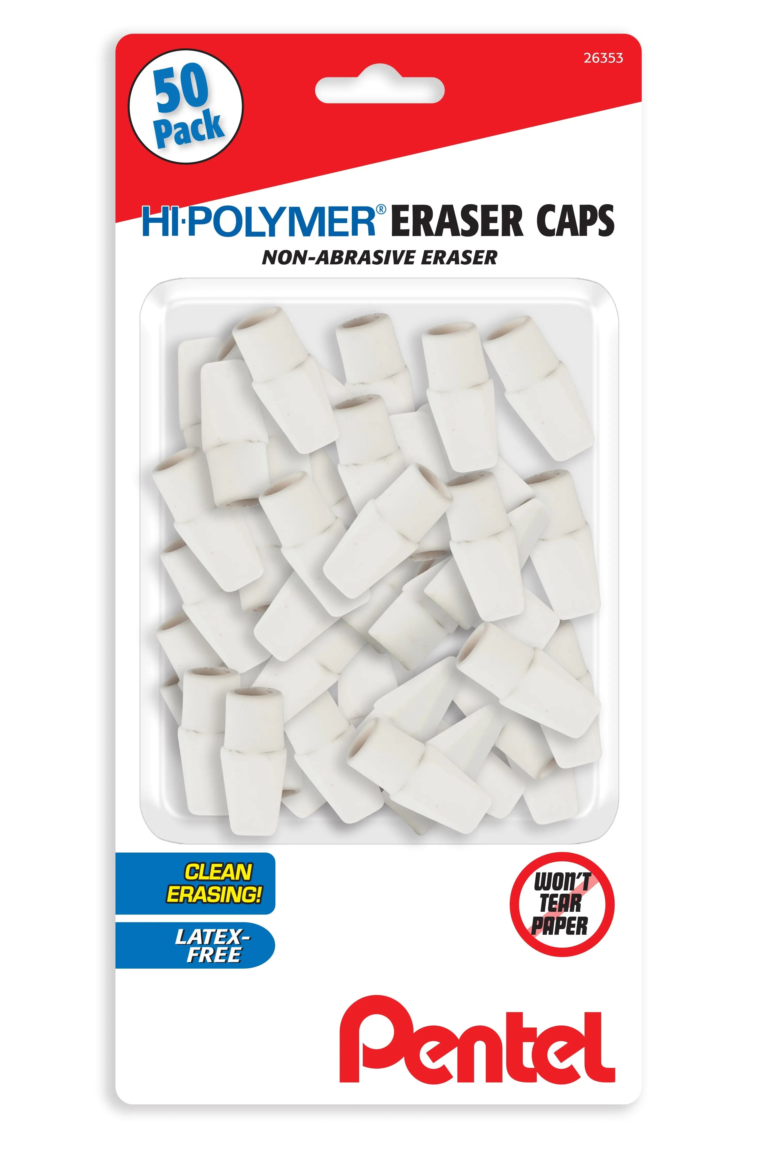 Pack of white non-abrasive eraser caps designed for clean erasing, latex-free and gentle on paper, ideal for art supplies and writing tools.