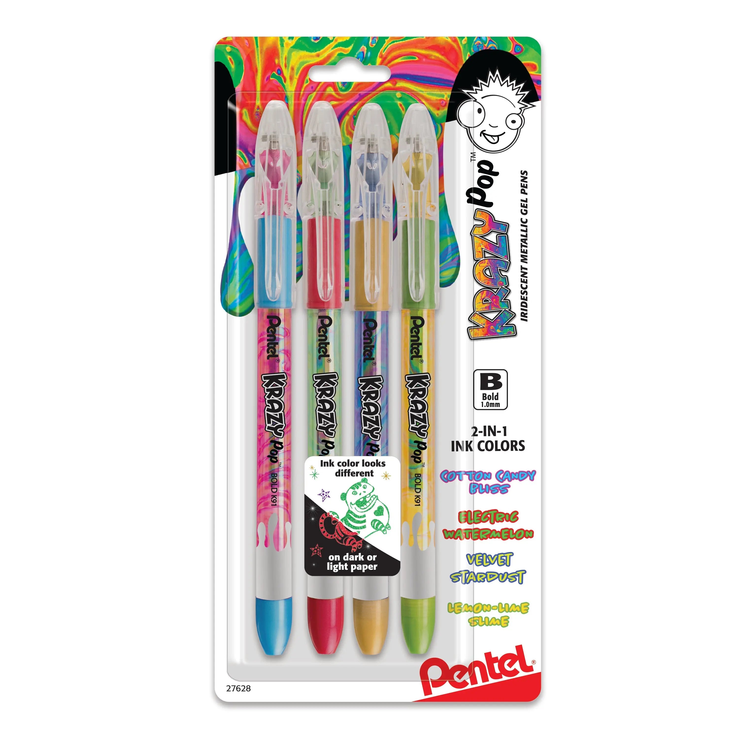 Pentel Krazy POP Beauty Beauty Iridescent Gel Pen, (1.0mm) Bold Line, Assorted Ink, Pack of 4 (K91BP4M3) - Pentel of America, Ltd.