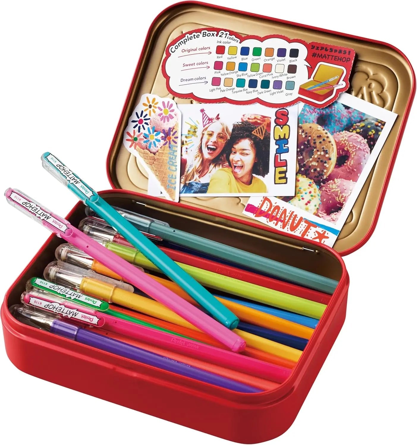 Pentel MATTEHOP Color Gel Pen Set, (1.0 mm), 21 Colors, with Metal
