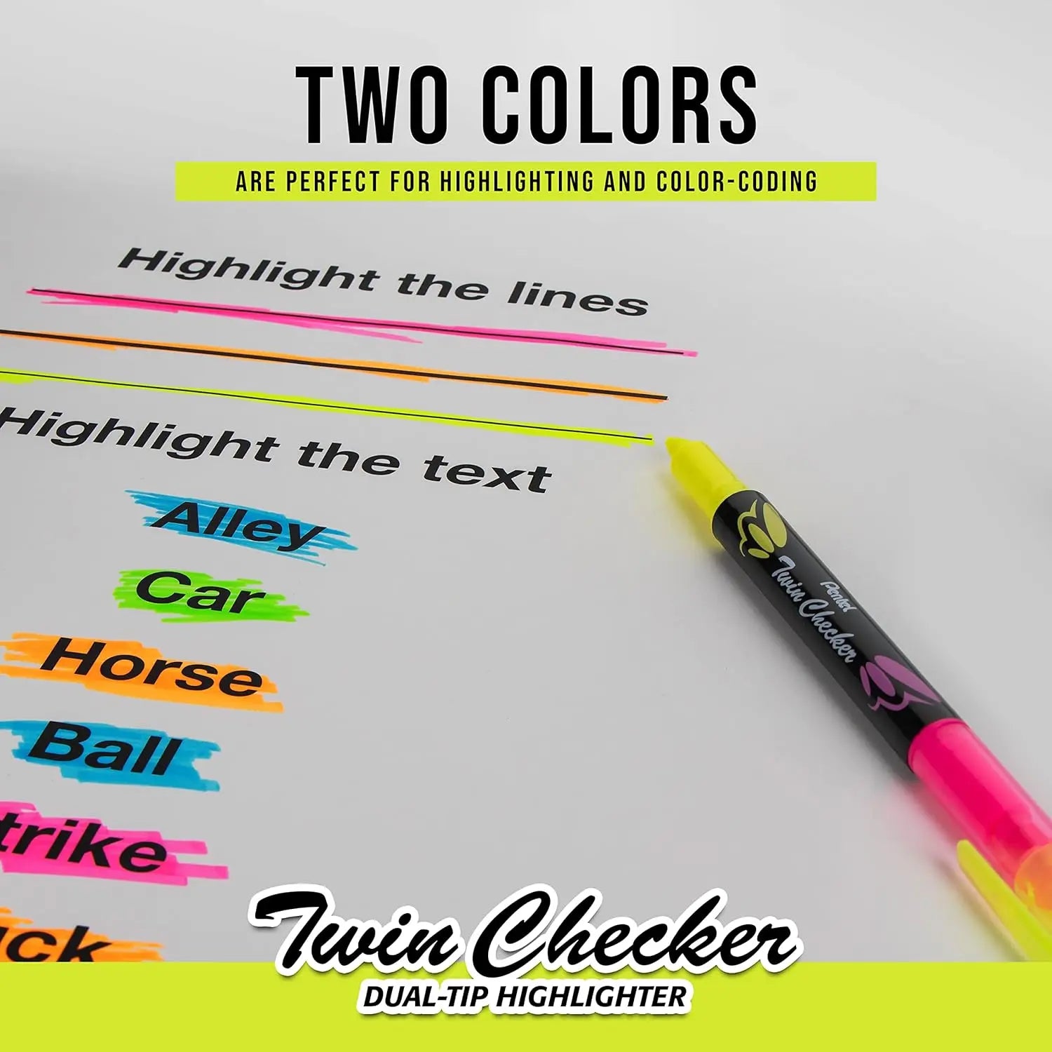 Dual-tip highlighter pen in pink and yellow colors demonstrating bright lines and text highlighting for color-coding and note organization.