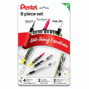 Pentel 8 piece note-taking set featuring black ballpoint pens, pink and green dual-tip highlighters, and mechanical pencils with black lead, displayed with open notebook and notes.