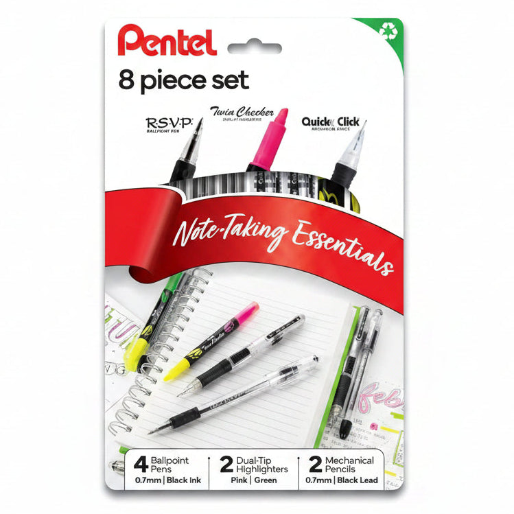 Pentel 8 piece note-taking set featuring black ballpoint pens, pink and green dual-tip highlighters, and mechanical pencils with black lead, displayed with open notebook and notes.