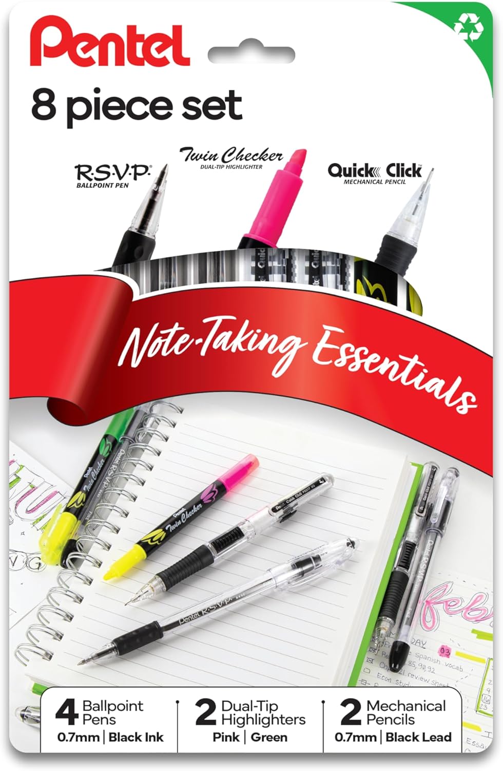Pentel Note Taking Essentials 8 pack - 4 black RSVP 0.7mm ballpoint pens, 2 Twin Checker Highlighters, 2 Quick Click 0.7mm Mechanical Pencils - Pentel of America, Ltd.