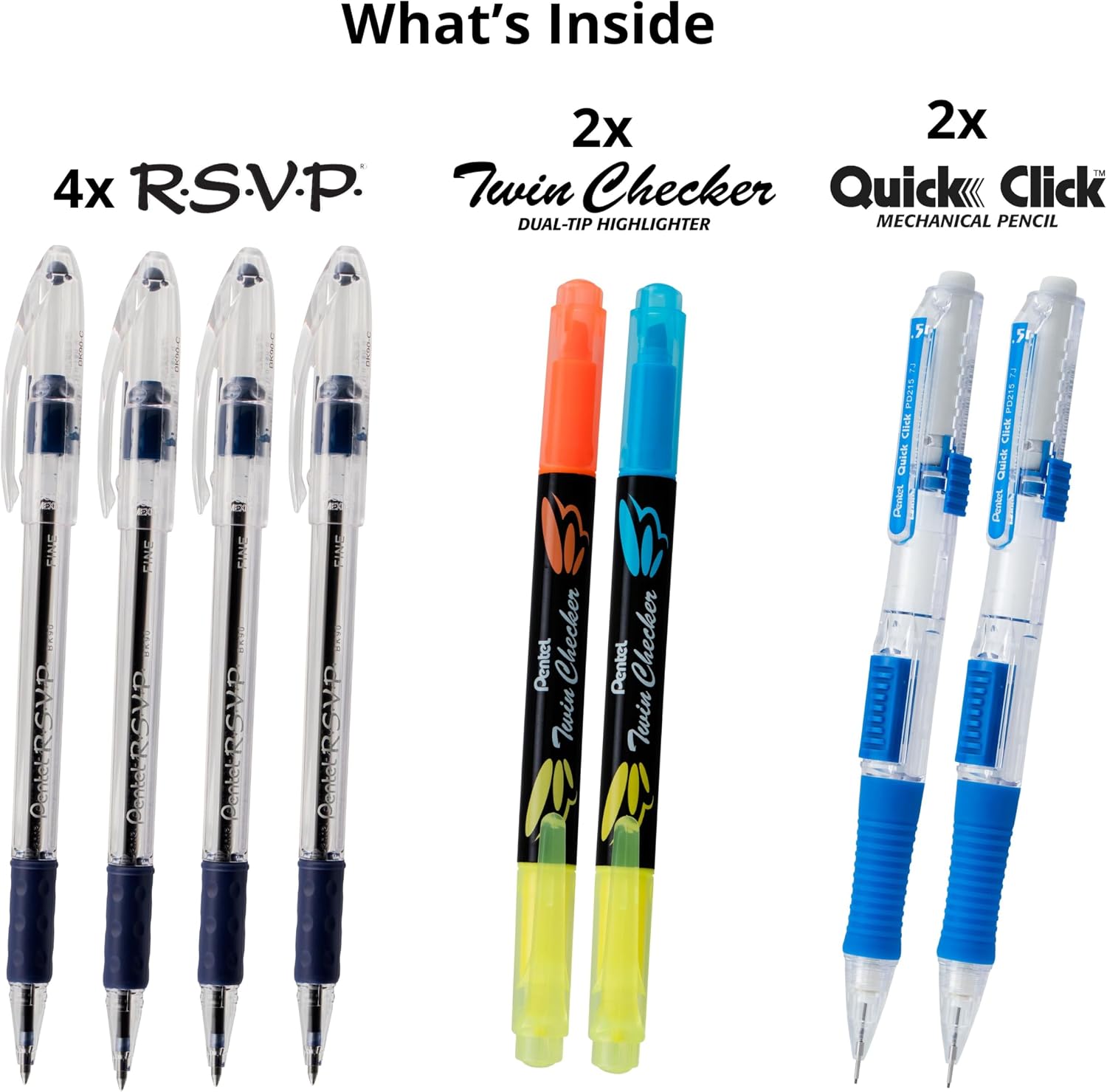 Pentel Note Taking Essentials 8 pack - 4 blue RSVP 0.7mm ballpoint pens, 2 Twin Checker Highlighters, 2 Quick Click 0.5mm Mechanical Pencils - Pentel of America, Ltd.