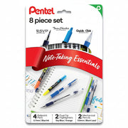 Set of quality note-taking tools including blue ballpoint pens, dual-tip highlighters, and mechanical pencils with black lead, offering premium writing performance and durability.