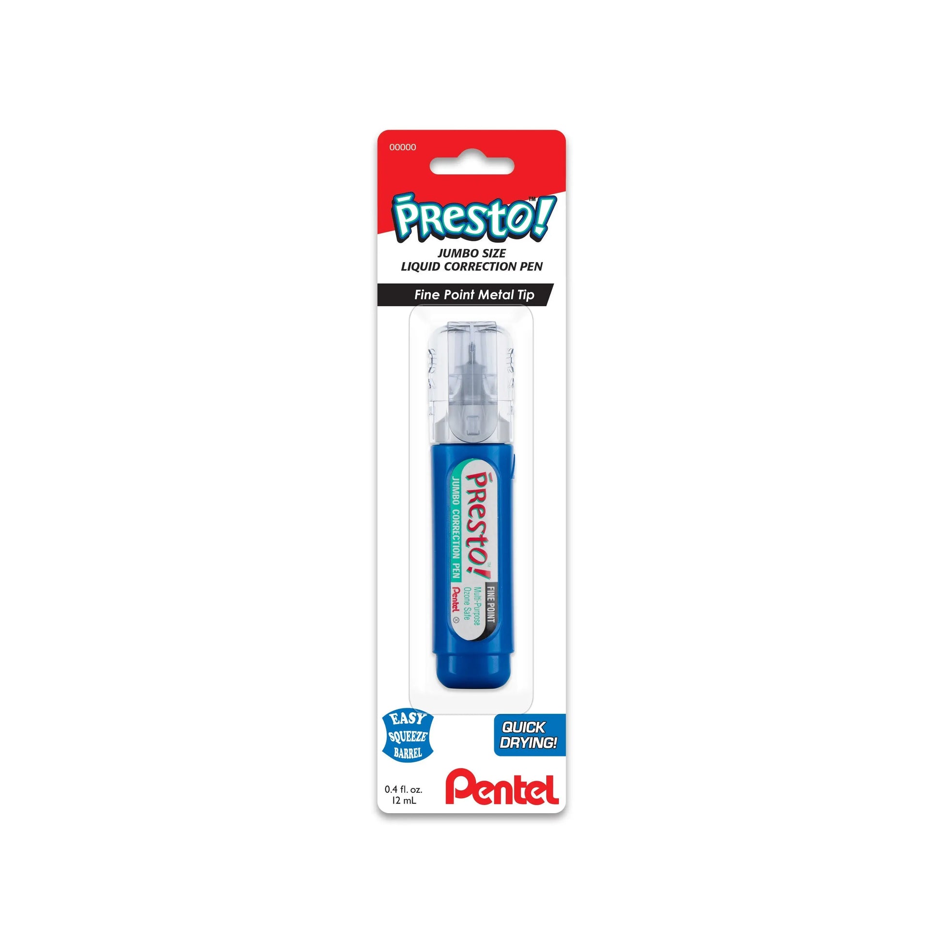 Correction pen with a fine metal tip in blue casing, designed for easy squeeze use and quick drying, ideal for precise corrections in writing or art supplies.