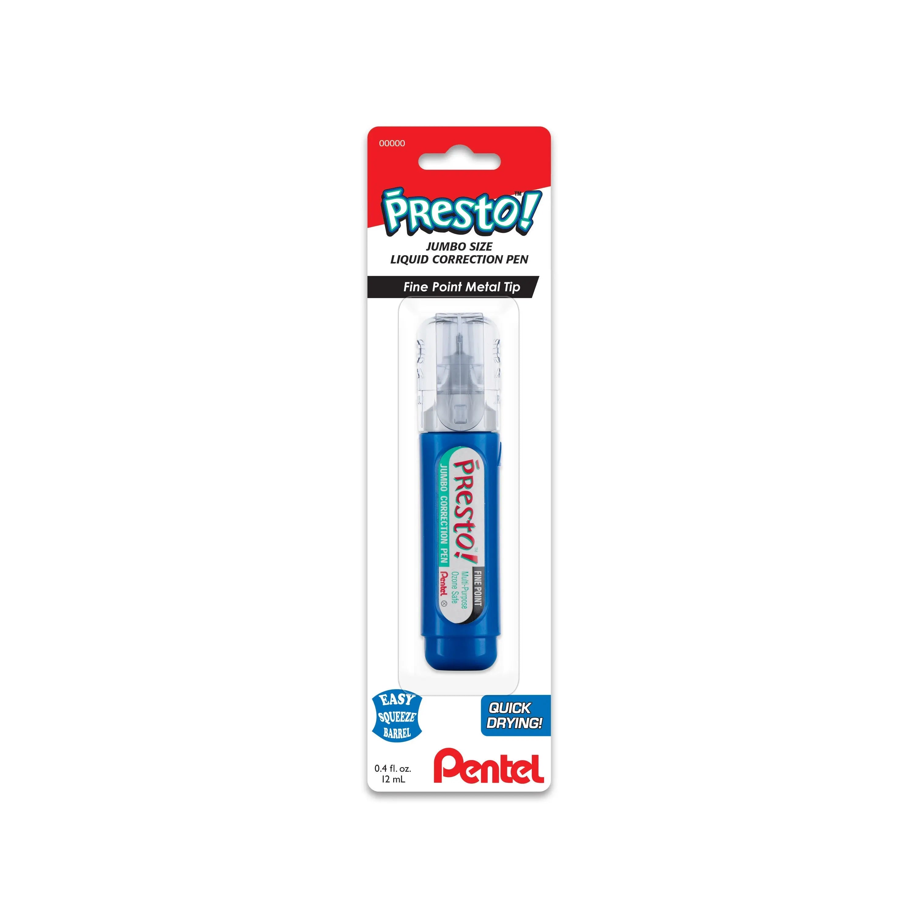 Correction pen with a fine metal tip in blue casing, designed for easy squeeze use and quick drying, ideal for precise corrections in writing or art supplies.