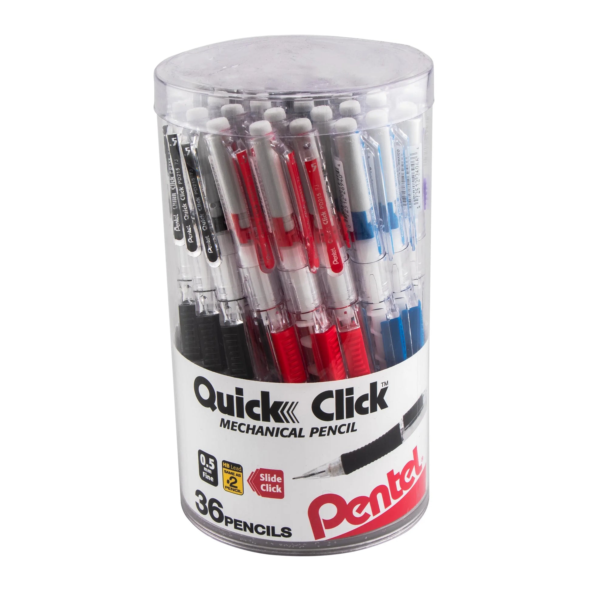 Pentel Quick Click Mechanical Pencil, (0.5mm) Fine line, Canister, Assorted Colors (A/B/C/N/V), 36 - pk - Pentel of America, Ltd.