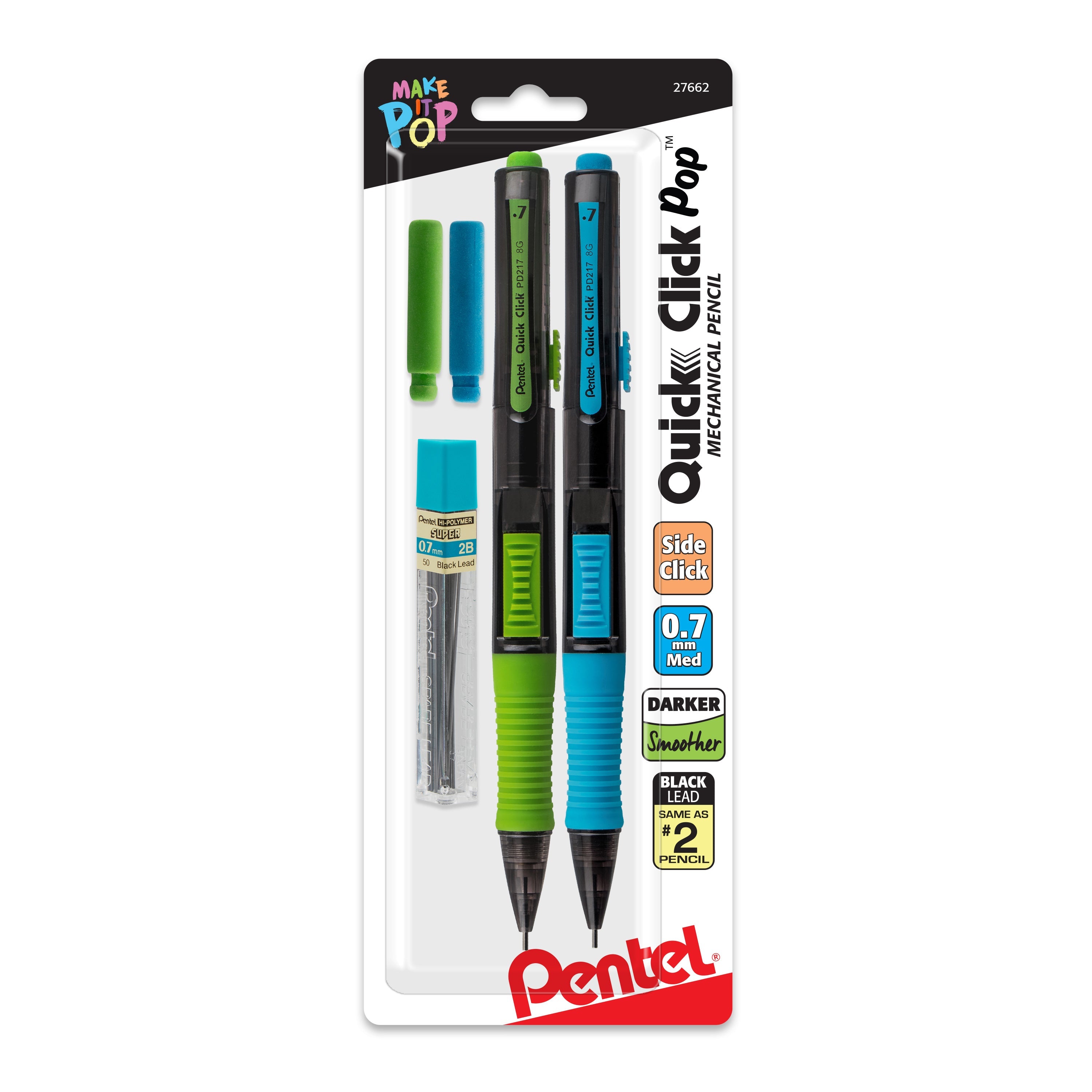 Pentel QUICK CLICK POP Mechanical Pencil, (0.7mm) Medium 2B Lead, with 2B Lead and (2) Eraser Refills, 2-pk  - Pentel of America, Ltd.