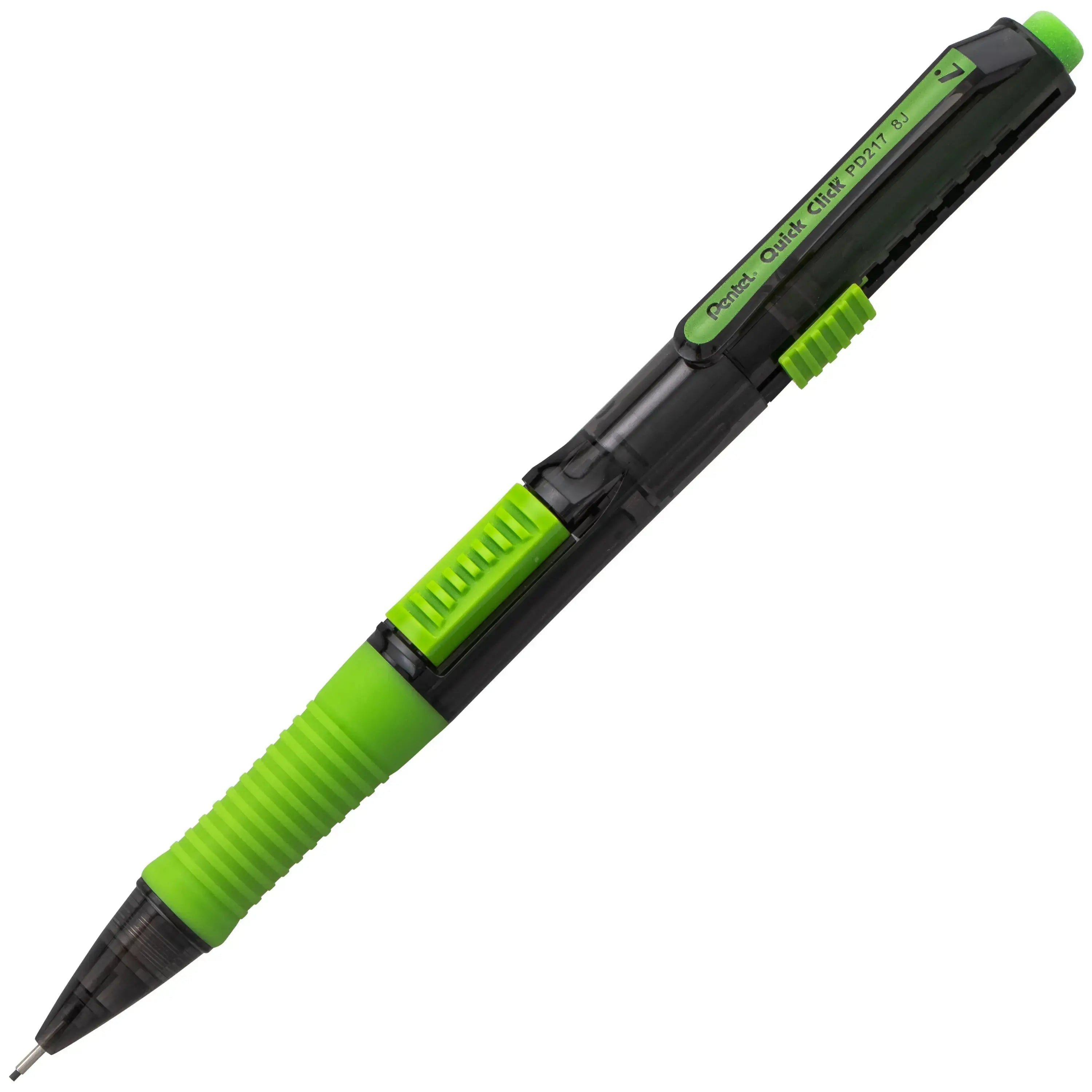 Mechanical pencil with a black translucent body and bright green accents, featuring a comfortable grip and easy-click mechanism for smooth writing and drawing performance.