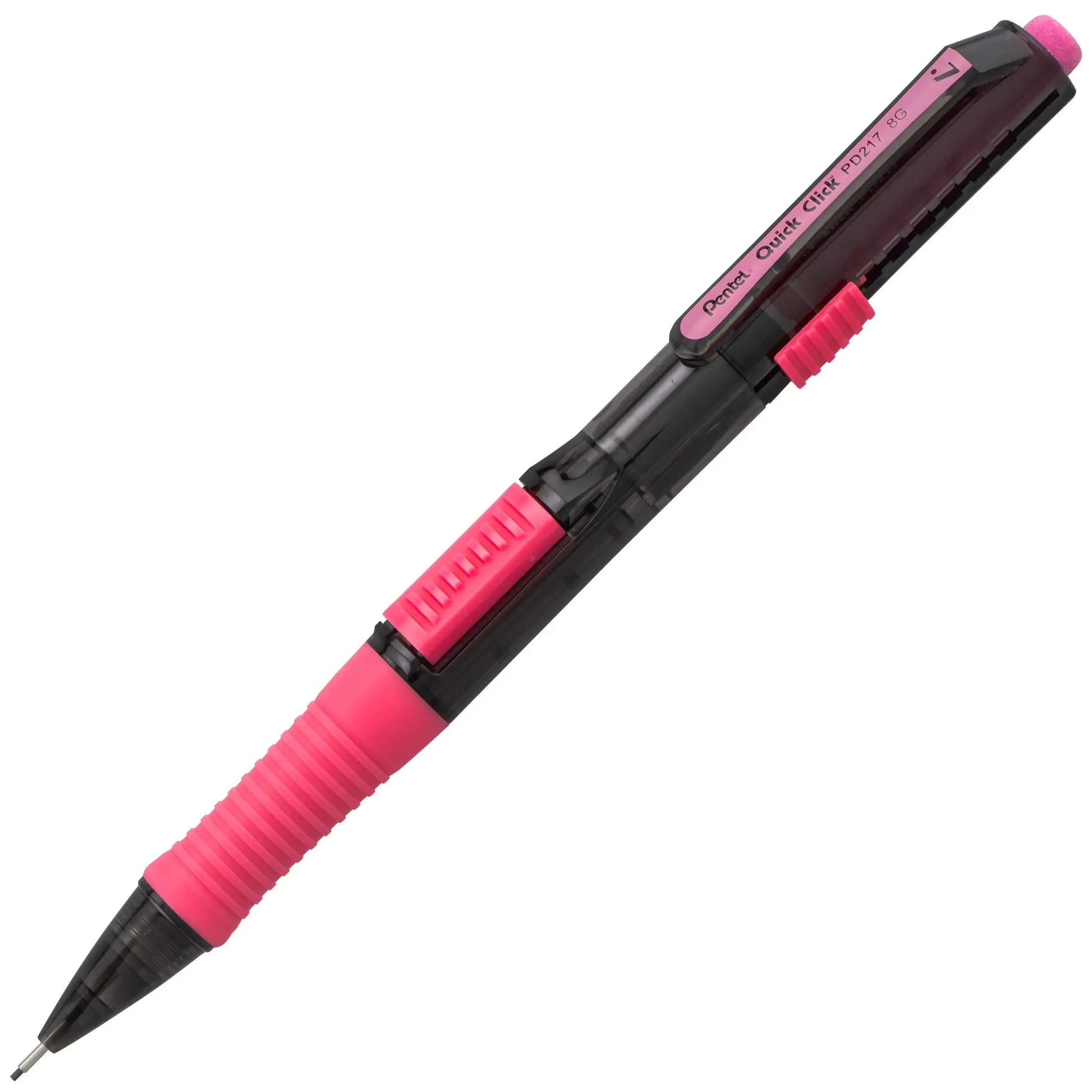 Black and pink mechanical pencil with a textured grip and retractable lead, designed for precision writing and drawing, part of premium writing tools with a limited lifetime warranty.