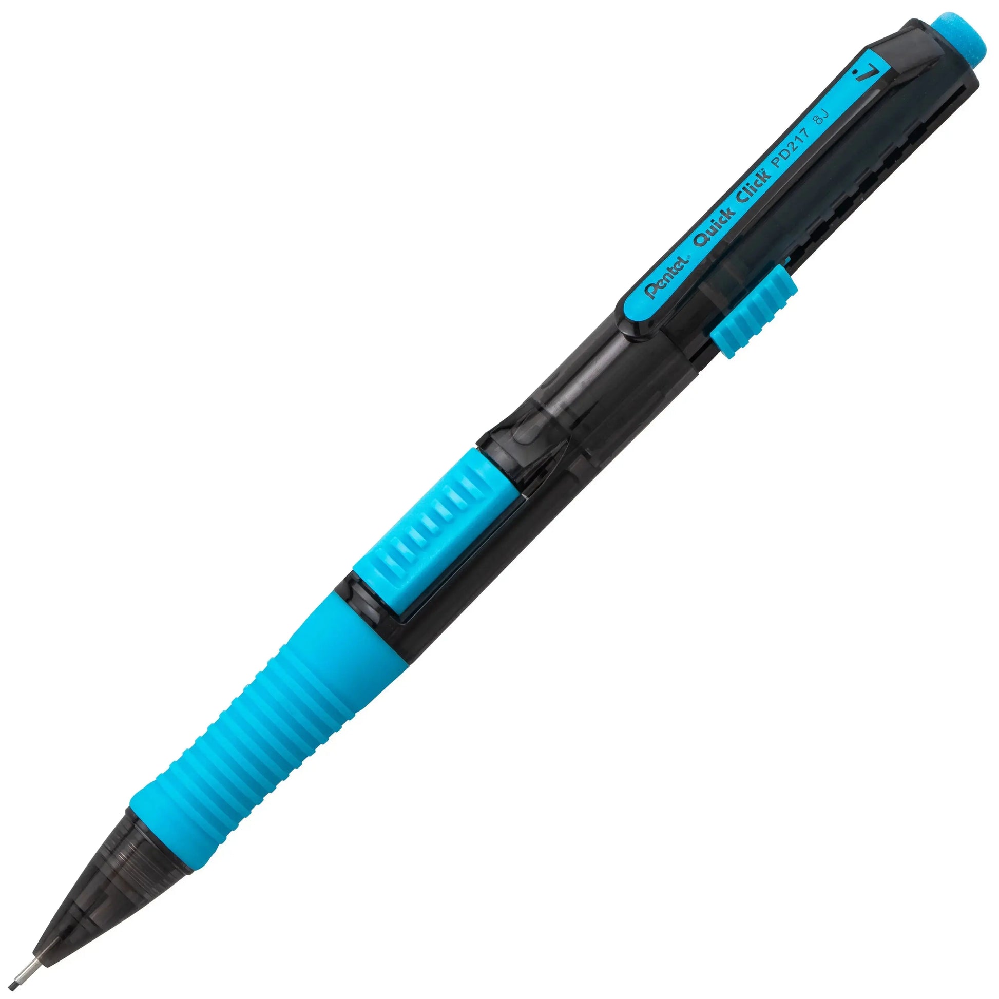 Close-up of a black and blue mechanical pencil with a textured grip, designed for smooth writing and precise lead advancement, ideal for art supplies and everyday use.