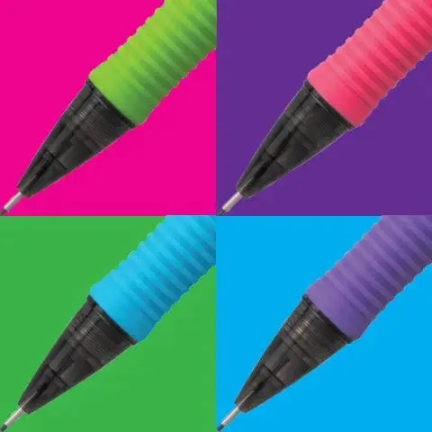 Close-up views of four mechanical pencil tips with textured grips in bright green, pink, blue, and purple against contrasting vibrant backgrounds, showcasing colorful premium writing tools.