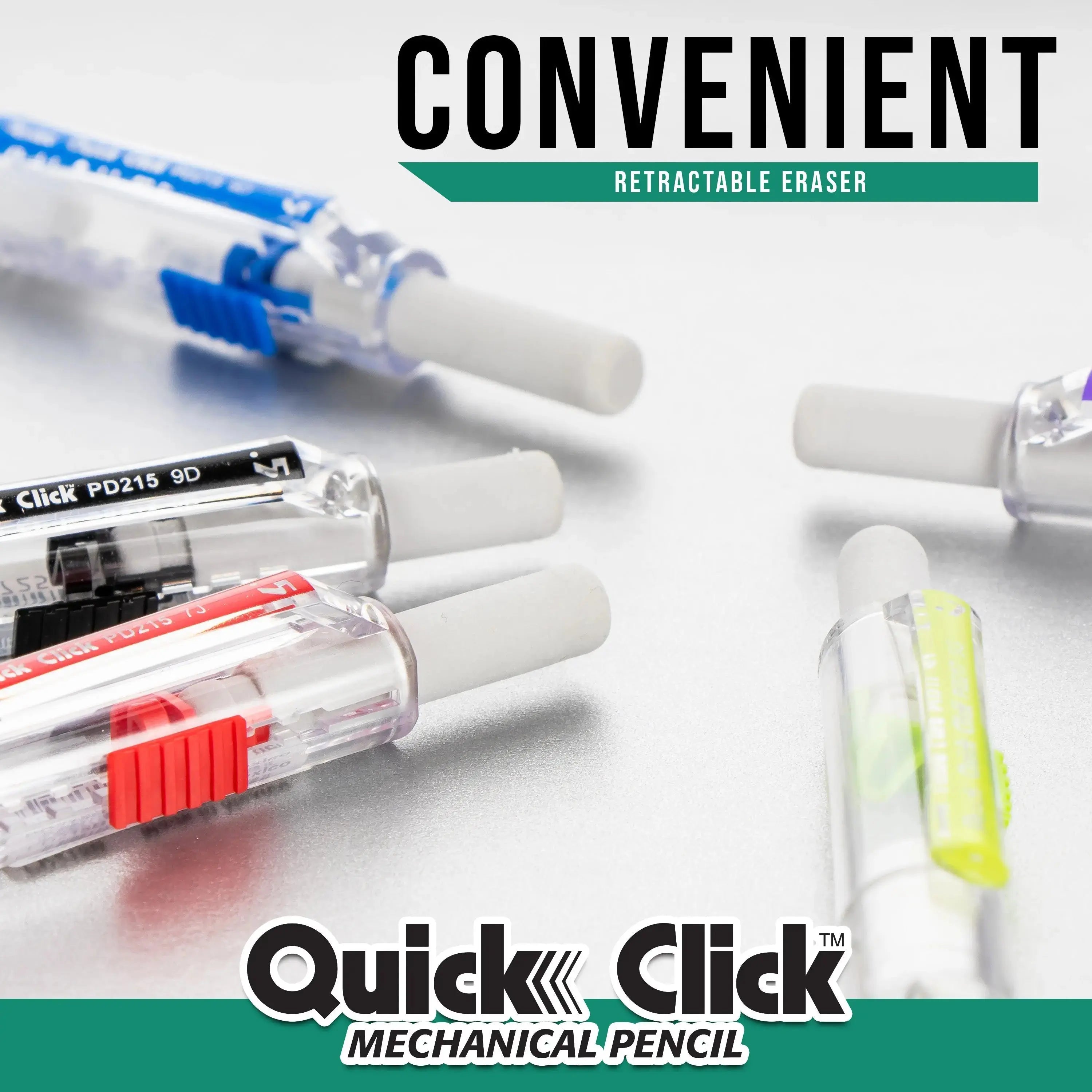 Close-up of mechanical pencils with retractable erasers in multiple colors, highlighting their convenience and easy-to-use design for precise writing and erasing.