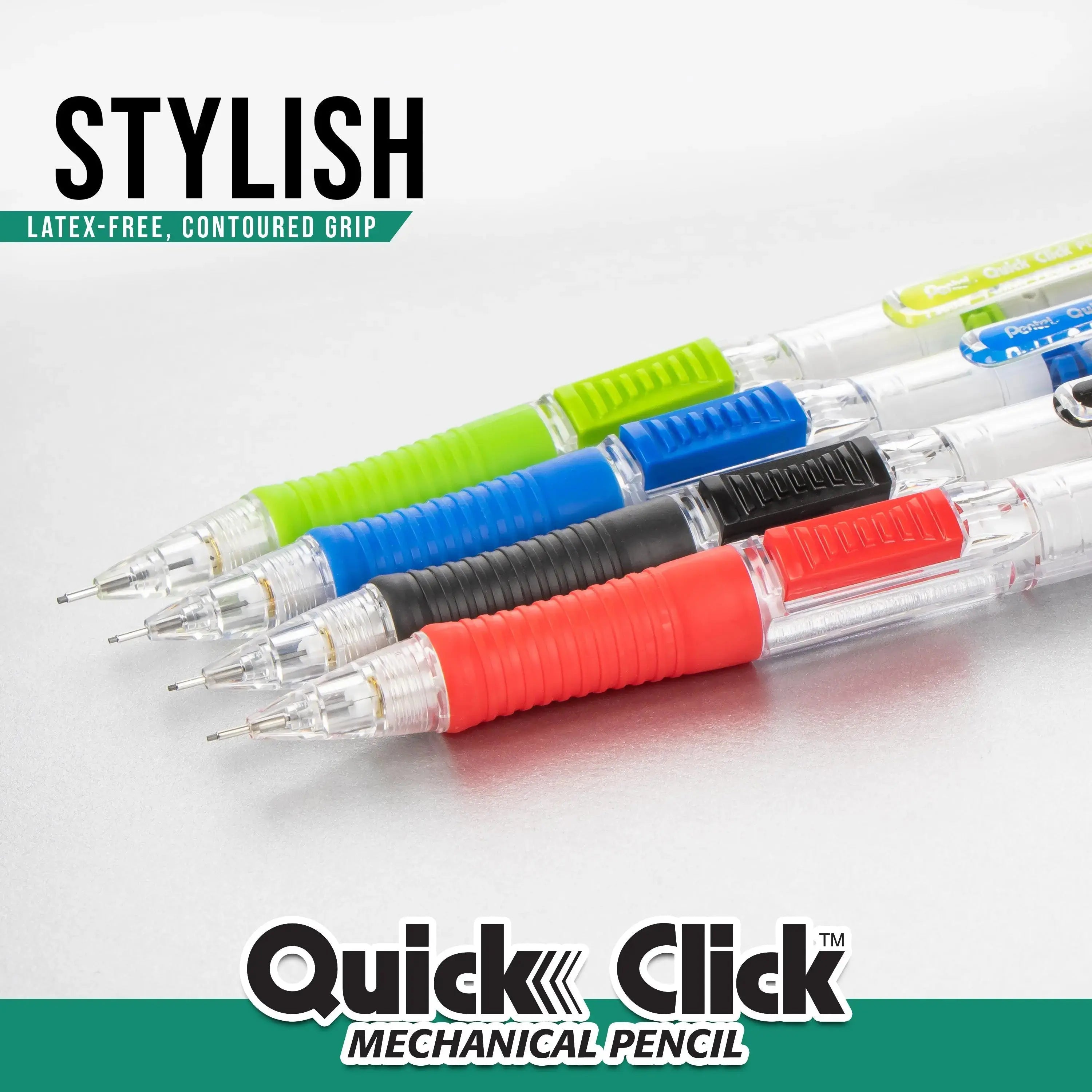 A set of colorful mechanical pencils with contoured, latex-free grips in green, blue, black, and red, designed for comfortable and stylish writing.