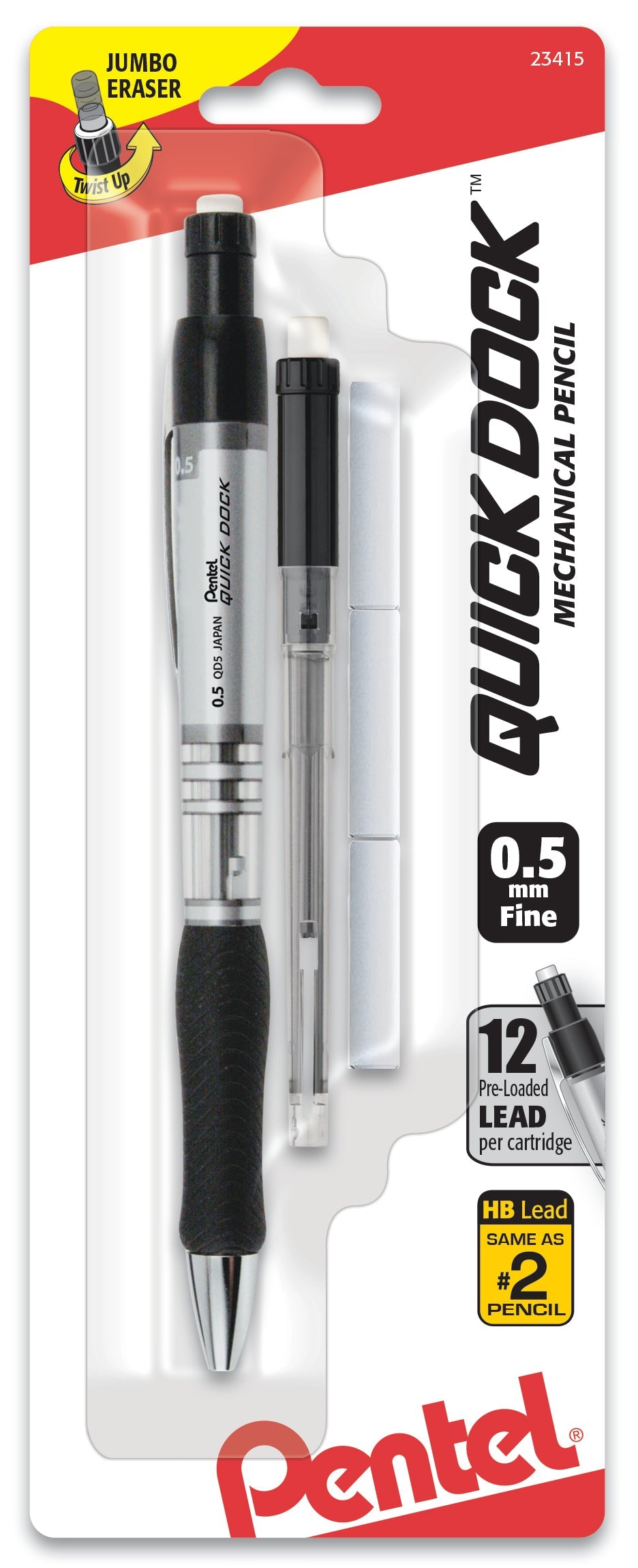 Pentel Quick Dock Mechanical Pencil (0.5mm) 1-Pk + 1 Refill Cartridge + 3 Erasers - Pentel of America, Ltd.