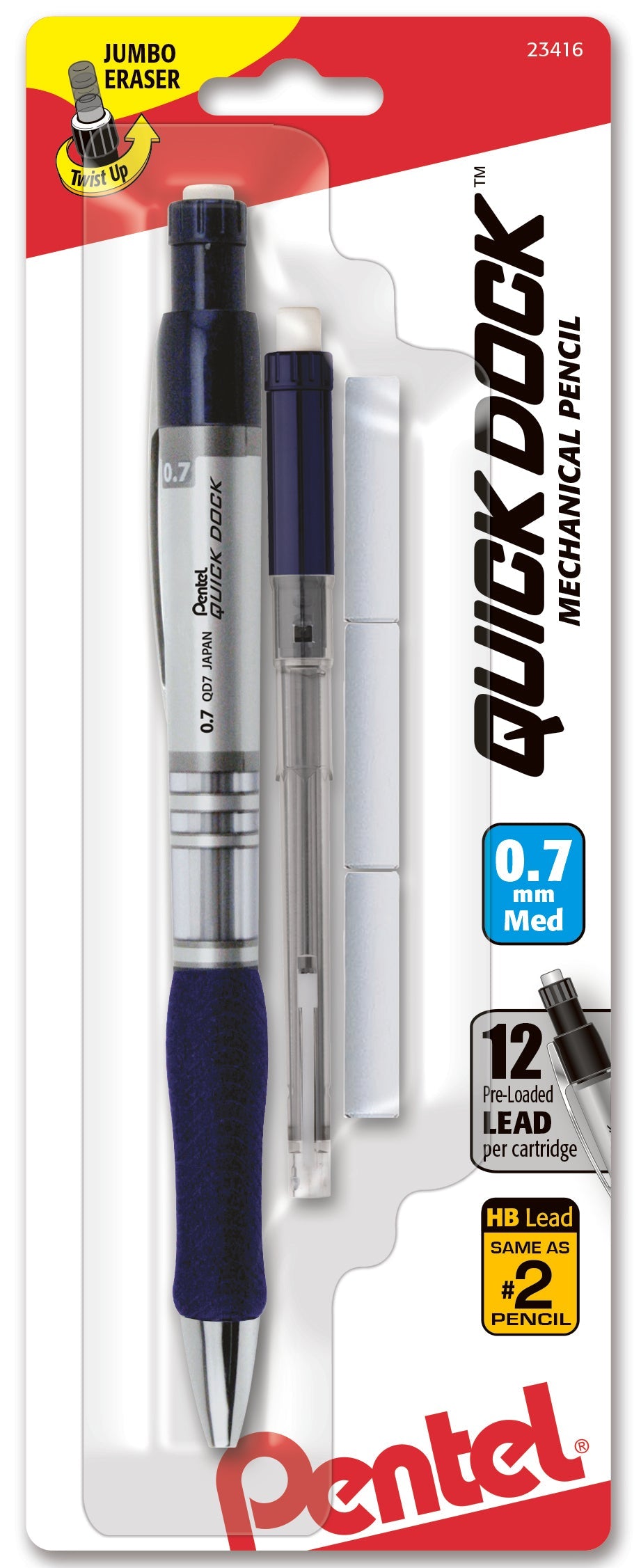 Pentel Quick Dock Mechanical Pencil (0.7mm) 1-Pk + 1 Refill Cartridge + 3 Erasers - Pentel of America, Ltd.