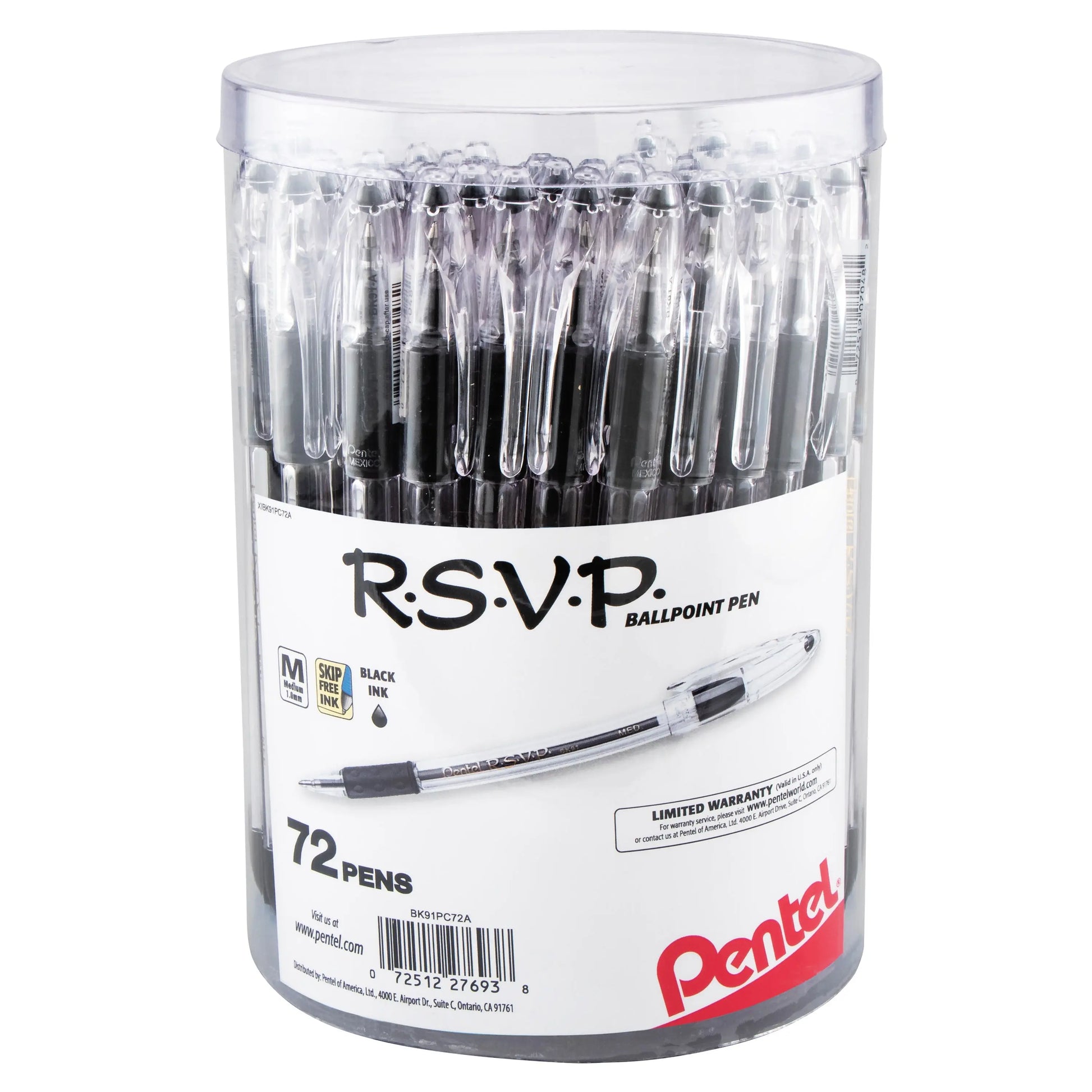 Clear canister of medium point ballpoint pens with blue ink and transparent caps, featuring a classic design and branded packaging promoting a limited lifetime warranty.