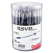 Clear plastic canister filled with 72 blue ink ballpoint pens featuring medium 1.0mm tips, showcasing Pentel’s reliable and premium writing tools with a limited lifetime warranty.