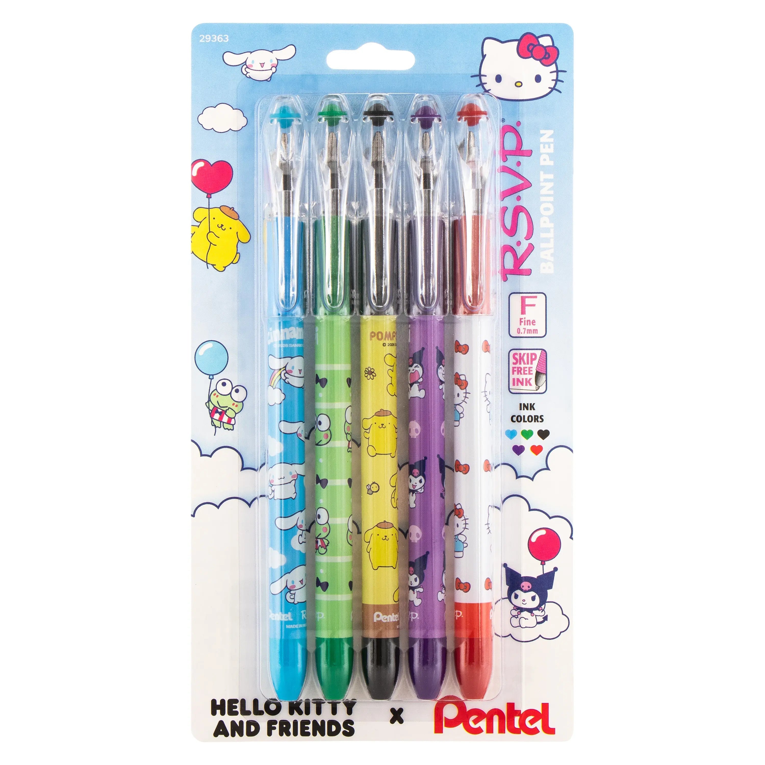 Pentel RSVP Ballpoint Pen, Hello Kitty® and Friends, Limited Edition, Mix 1, 0.7mm Fine Line, Assorted Ink, 5-Pk - Pentel of America, Ltd.