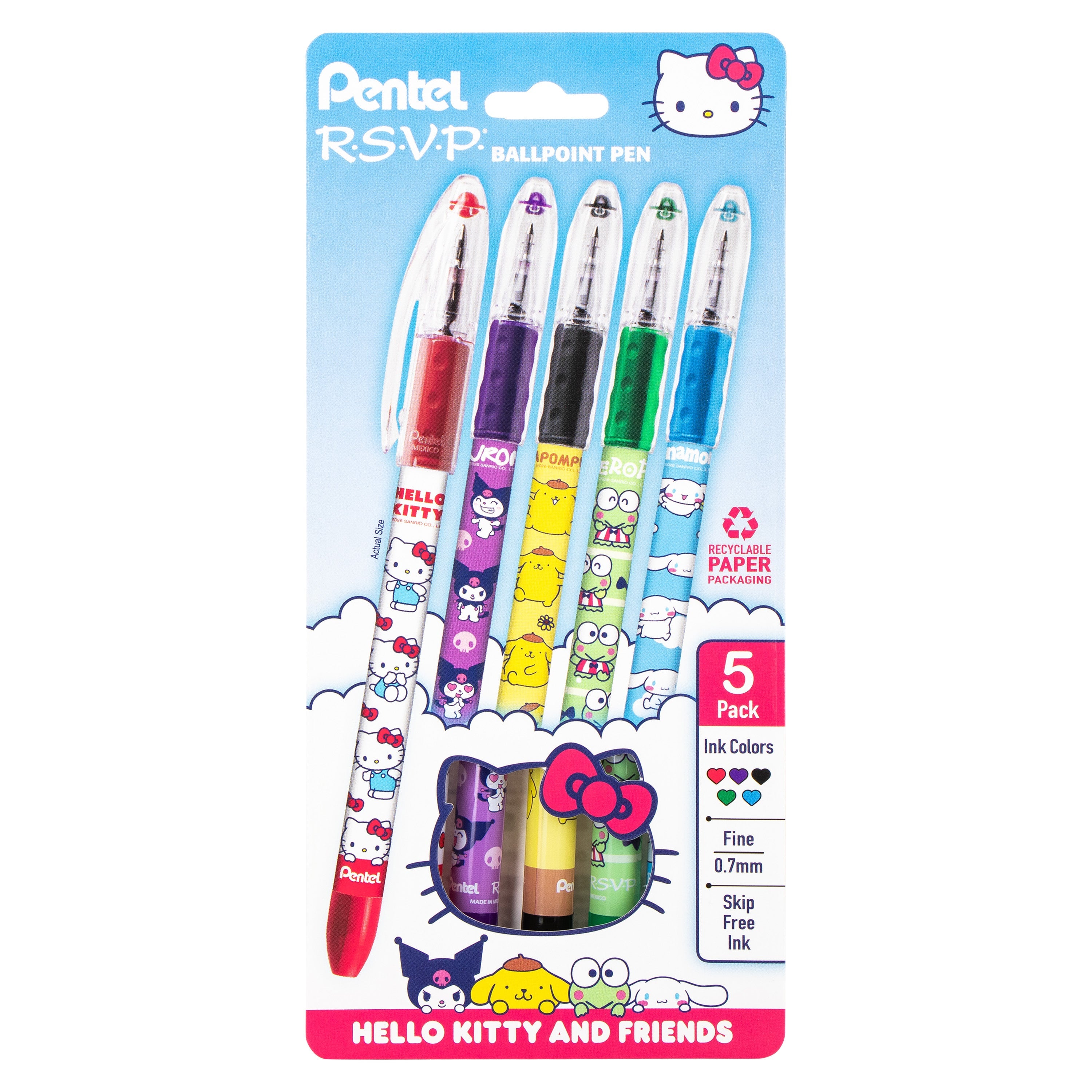 Pentel RSVP Ballpoint Pen, Hello Kitty® and Friends, Limited Edition, Mix 1, 0.7mm Fine Line, Assorted Ink, 5-Pk - Pentel of America, Ltd.