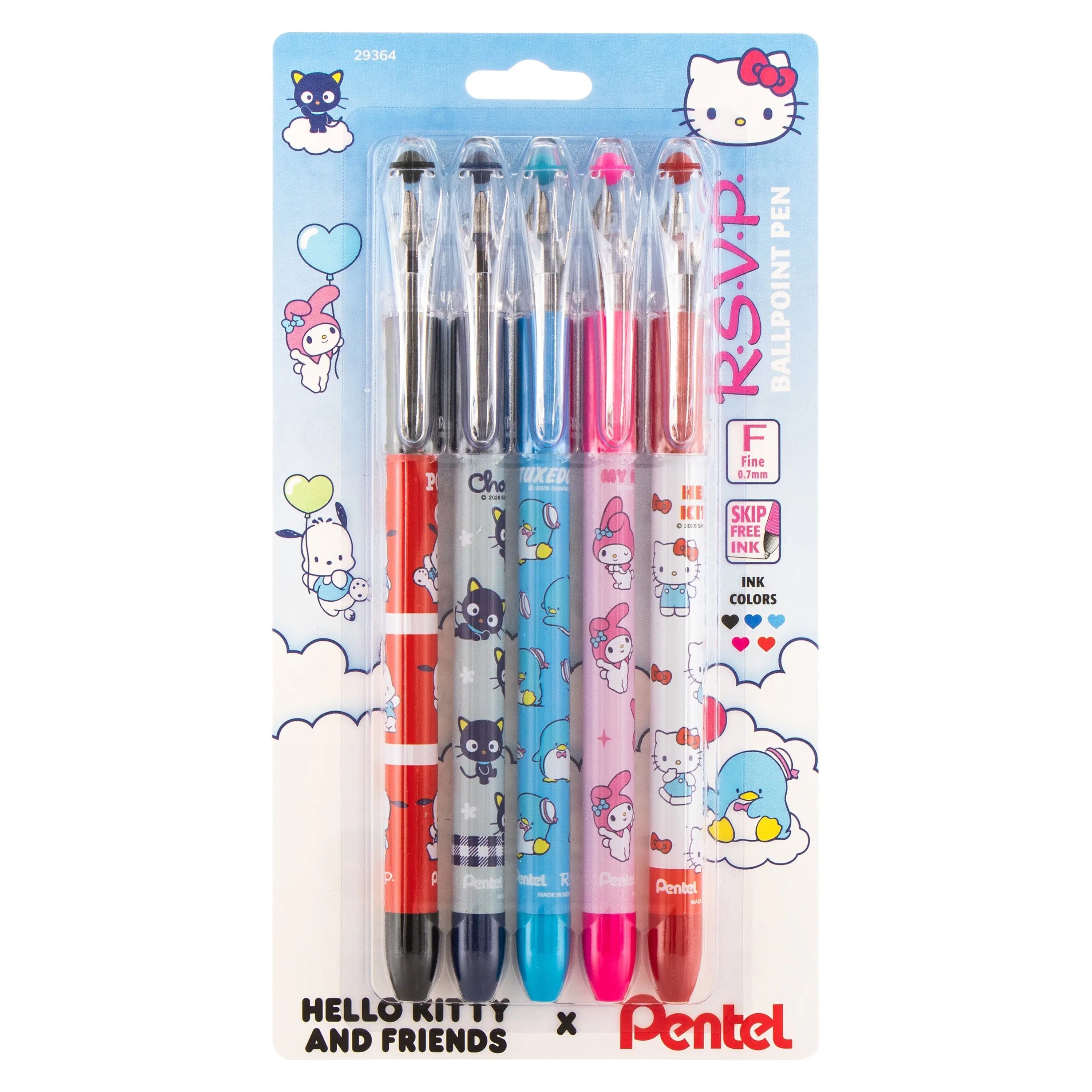 Pentel RSVP Ballpoint Pen, Hello Kitty® and Friends, Limited Edition, Mix 2, 0.7mm Fine Line, Assorted Ink, 5-Pk - Pentel of America, Ltd.
