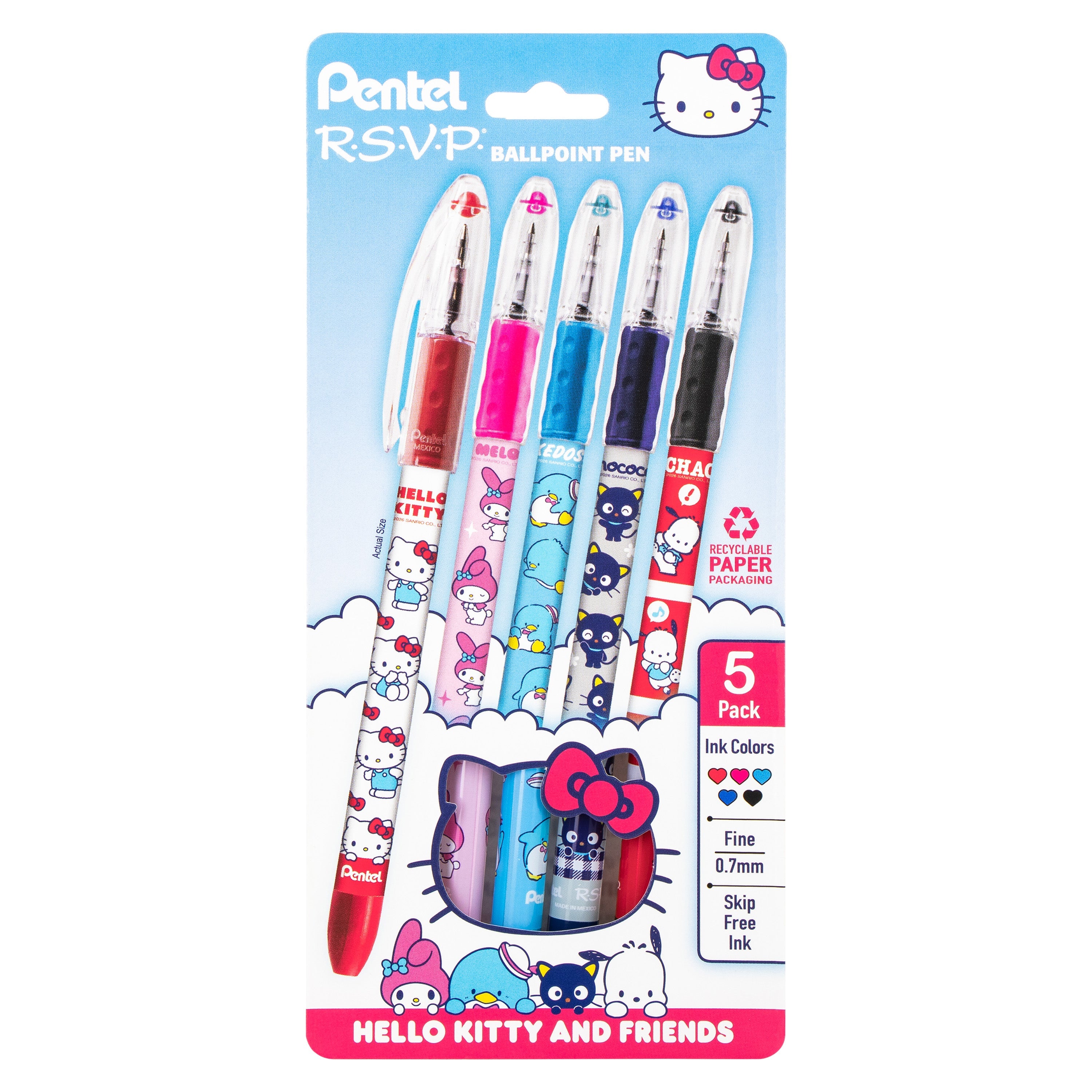 Pentel RSVP Ballpoint Pen, Hello Kitty® and Friends, Limited Edition, Mix 2, 0.7mm Fine Line, Assorted Ink, 5-Pk - Pentel of America, Ltd.