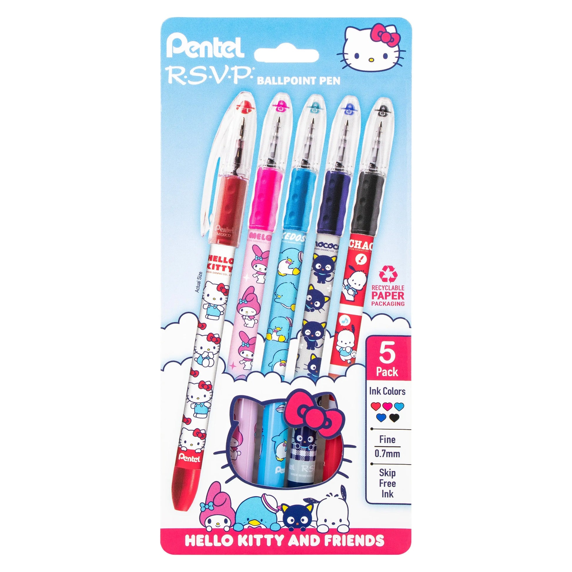 Set of five colorful Pentel RSVP ballpoint pens featuring Hello Kitty and friends designs with 0.7mm fine tips, ideal for precise, smooth writing and creative tasks.