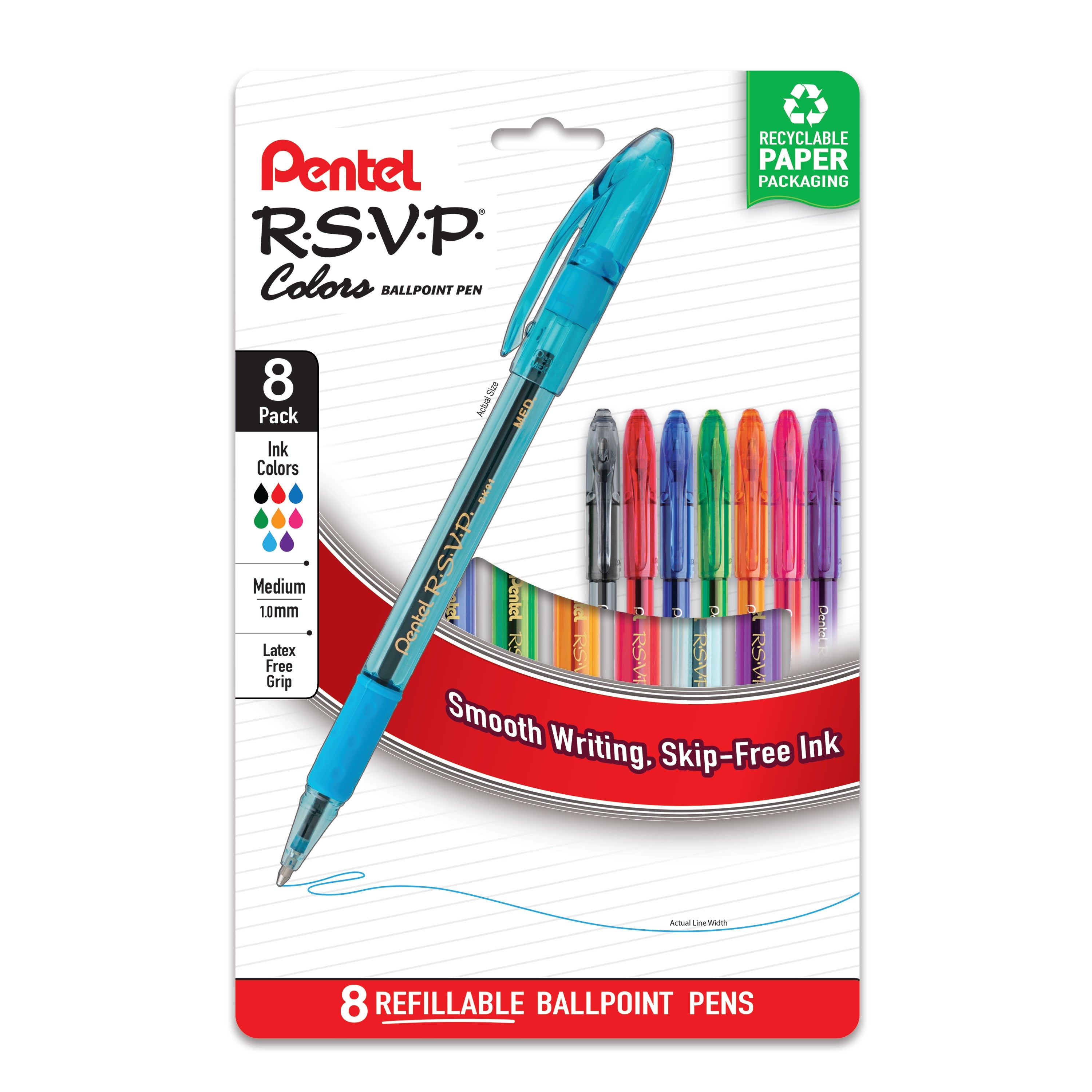 Pentel RSVP Colors 1.0mm, Assorted Ink, Plastic-Free 8-pk  - Pentel of America, Ltd.