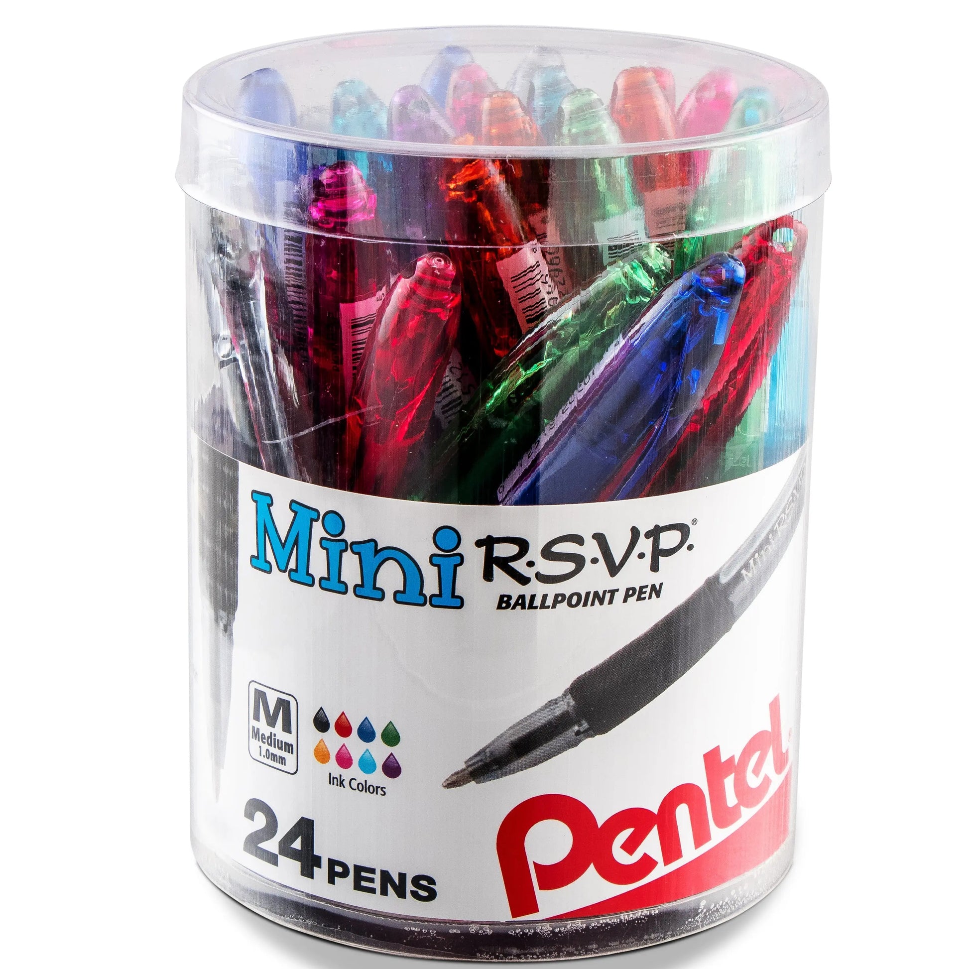 Clear cylindrical container filled with 24 assorted color medium-line ballpoint pens, showcasing a variety of vibrant ink colors for versatile writing and drawing needs.