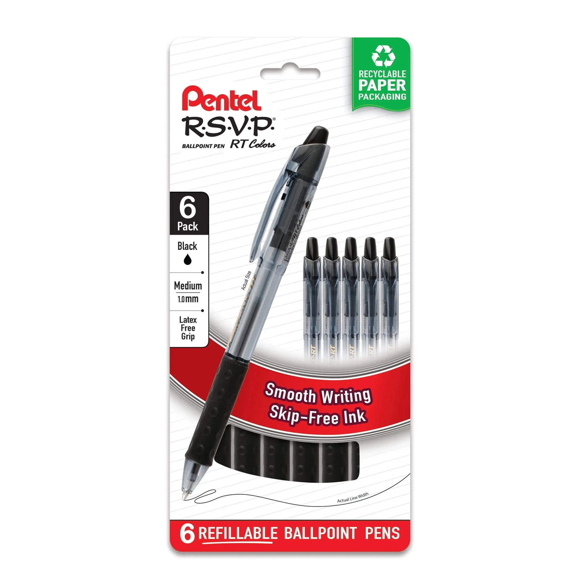 Package of six black refillable ballpoint pens with medium 1.0mm tips, featuring smooth writing and a latex-free grip in recyclable paper packaging.