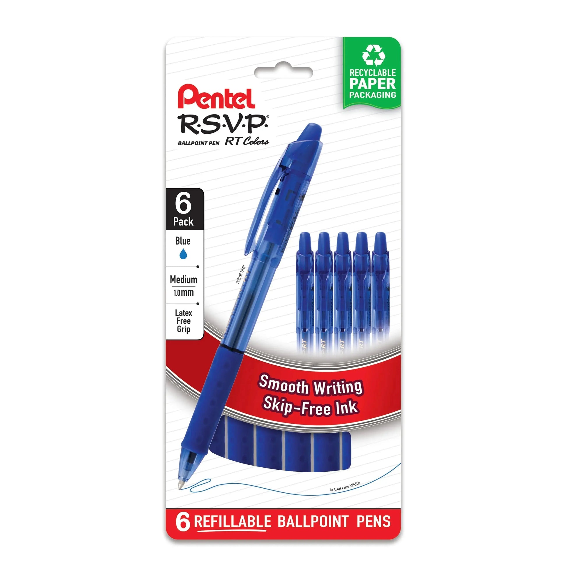 Pack of six blue ballpoint pens with medium 1.0mm tips, featuring smooth writing, skip-free ink, latex-free grips, and recyclable paper packaging.