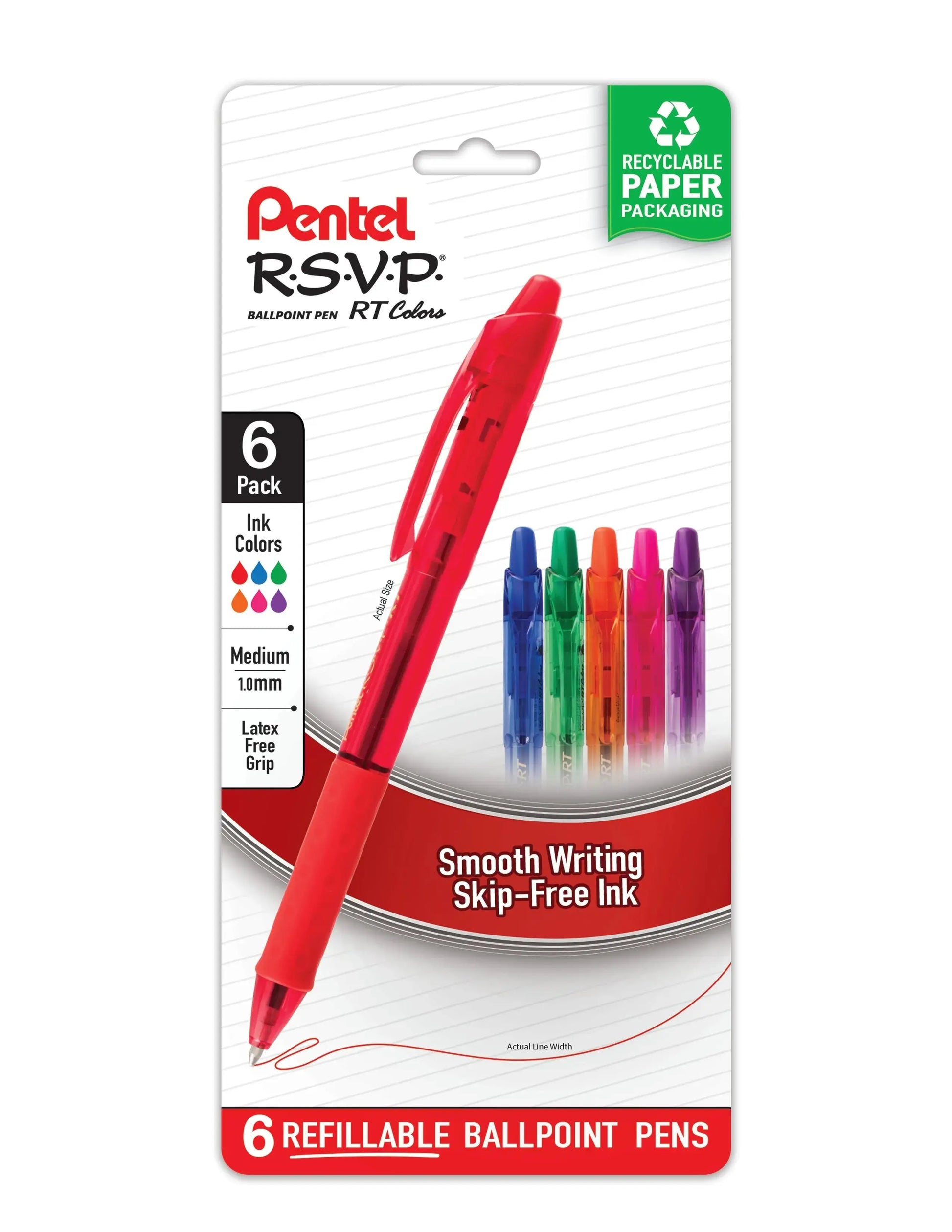 Six assorted color ballpoint pens with smooth, skip-free medium 1.0mm tips in recyclable paper packaging, featuring a latex-free grip for comfortable writing.
